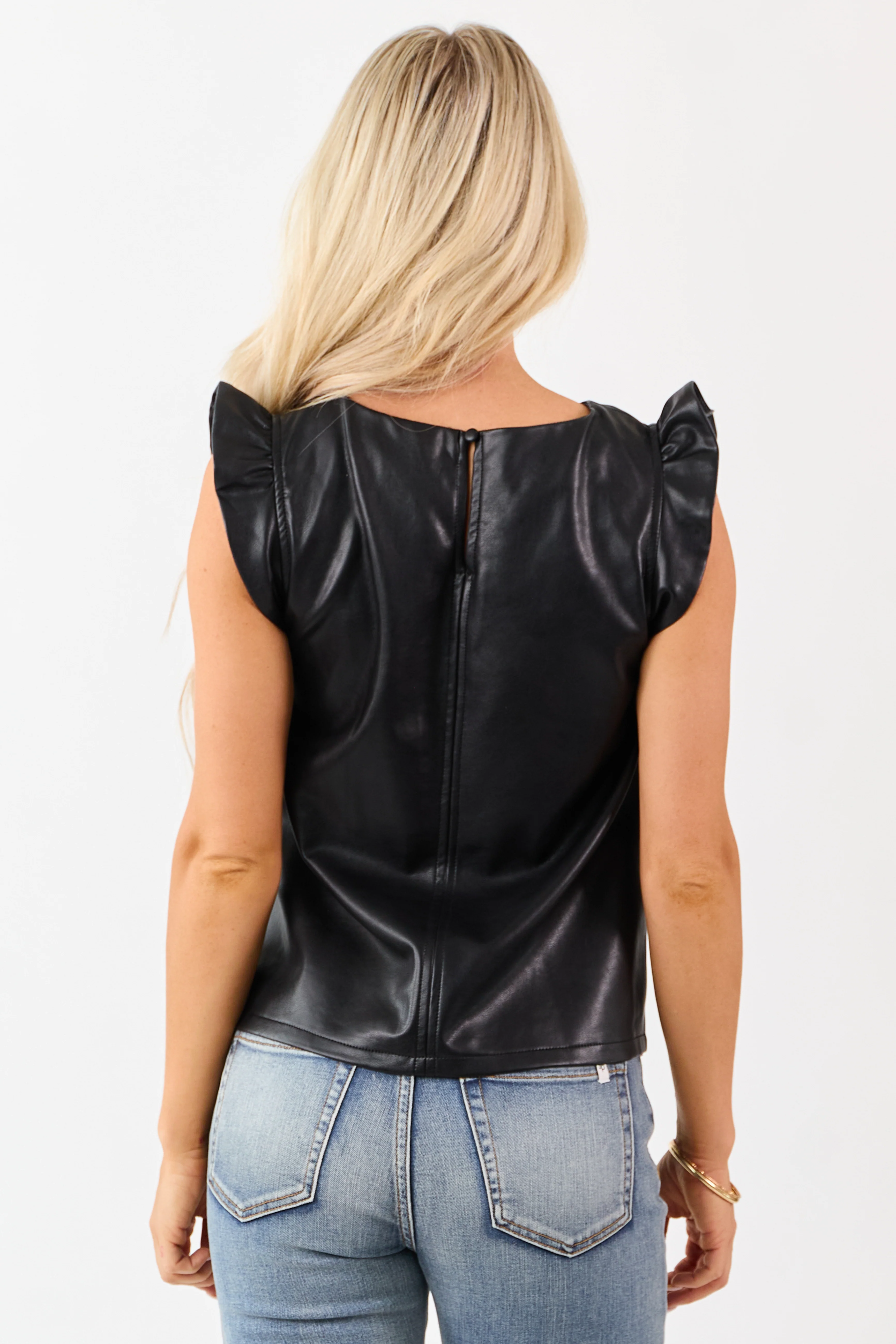 Black Faux Leather Ruffle Cap Sleeve Top - Image 7