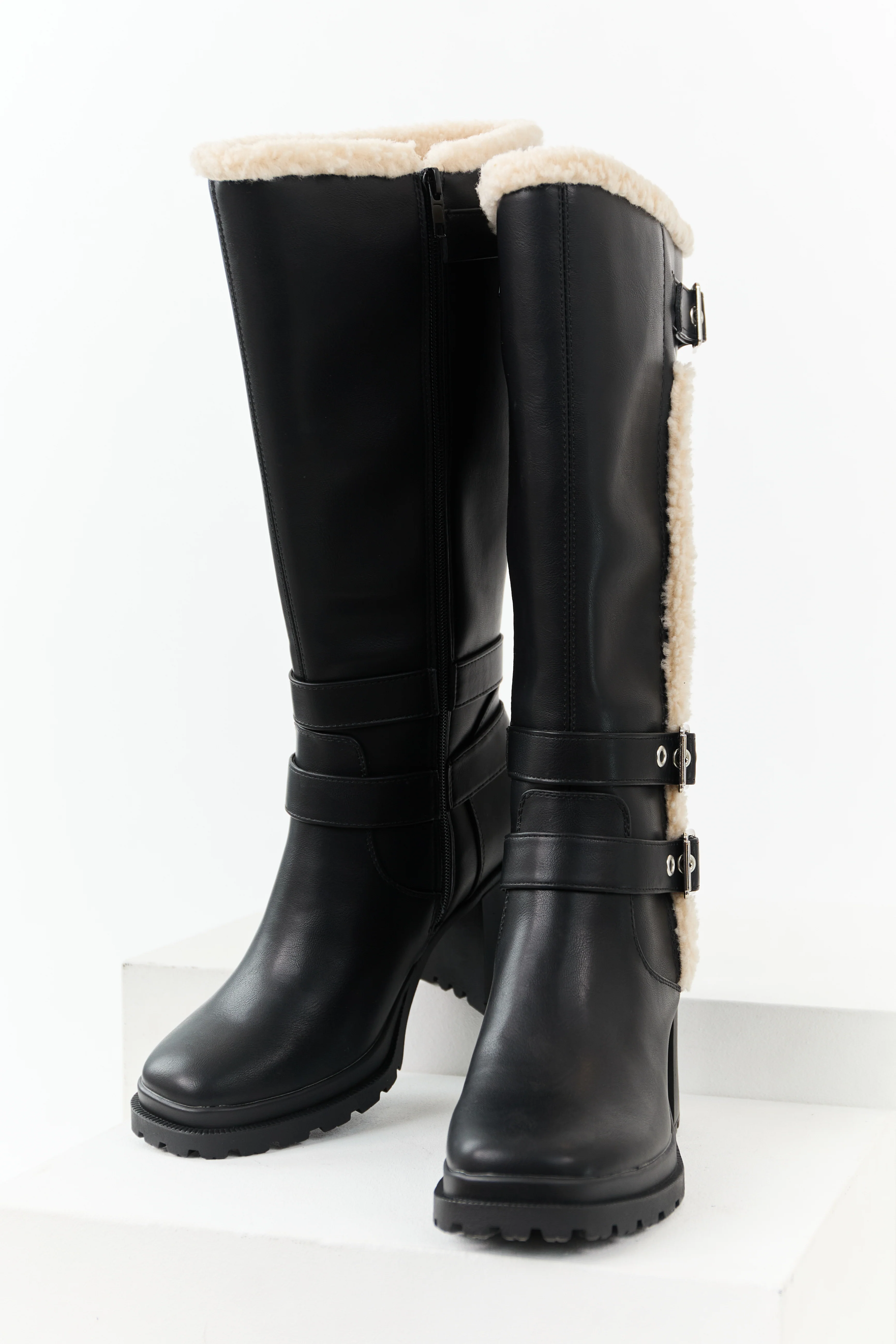 Black Faux Leather Sherpa Lined Tall Platform Boots - Image 2