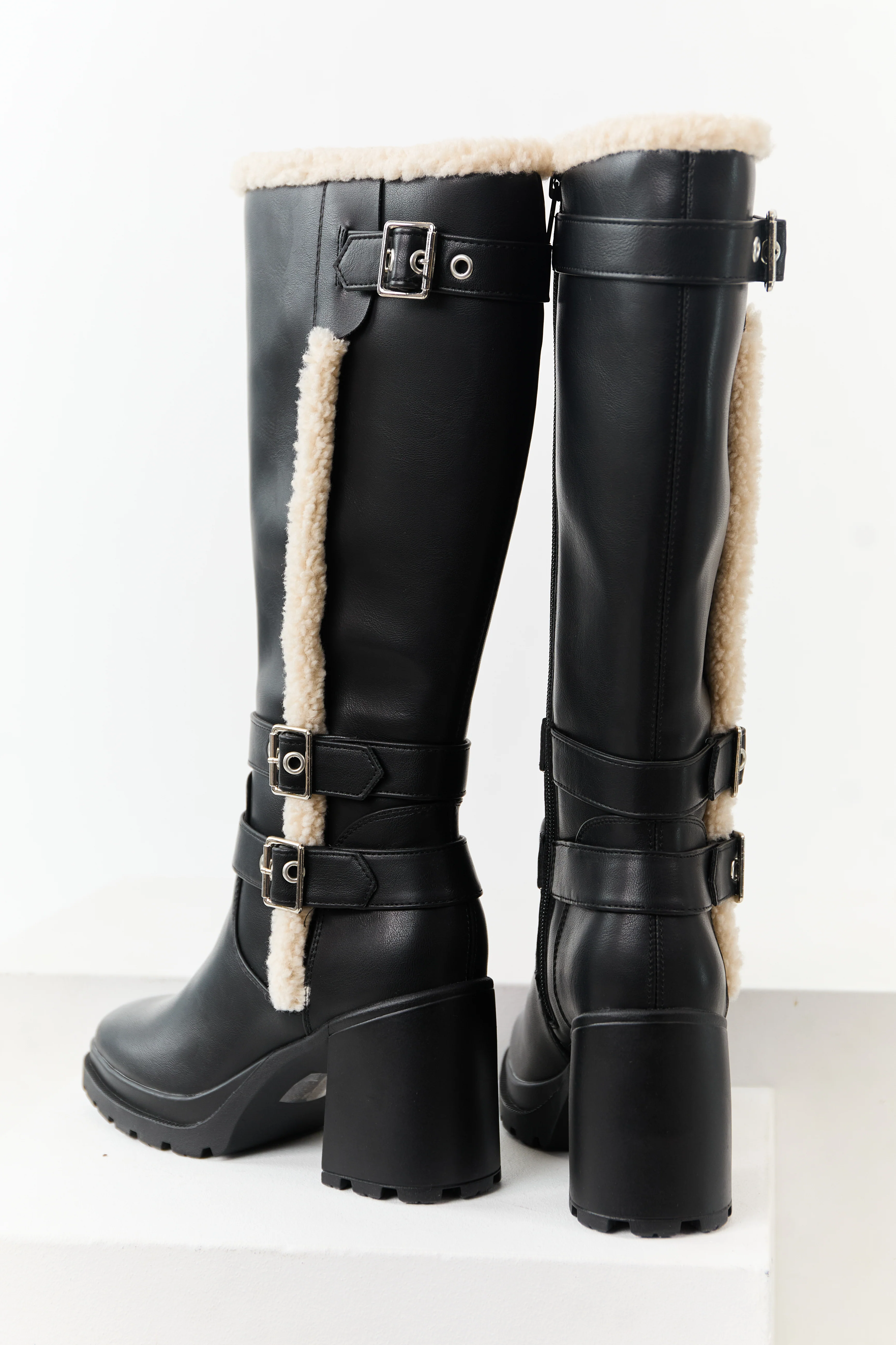 Black Faux Leather Sherpa Lined Tall Platform Boots - Image 3