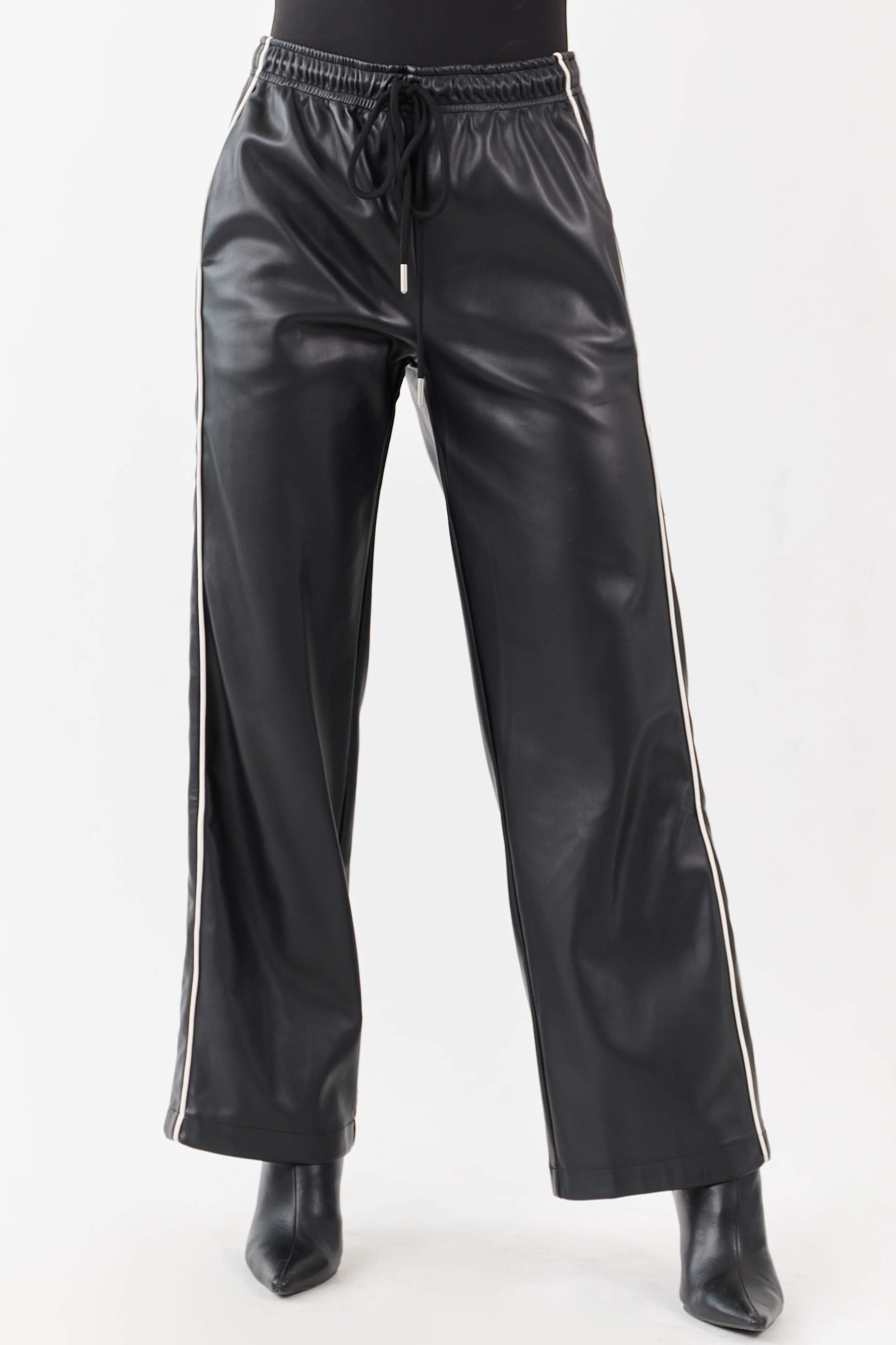 Black Faux Leather Side Line Drawstring Pants - Image 3