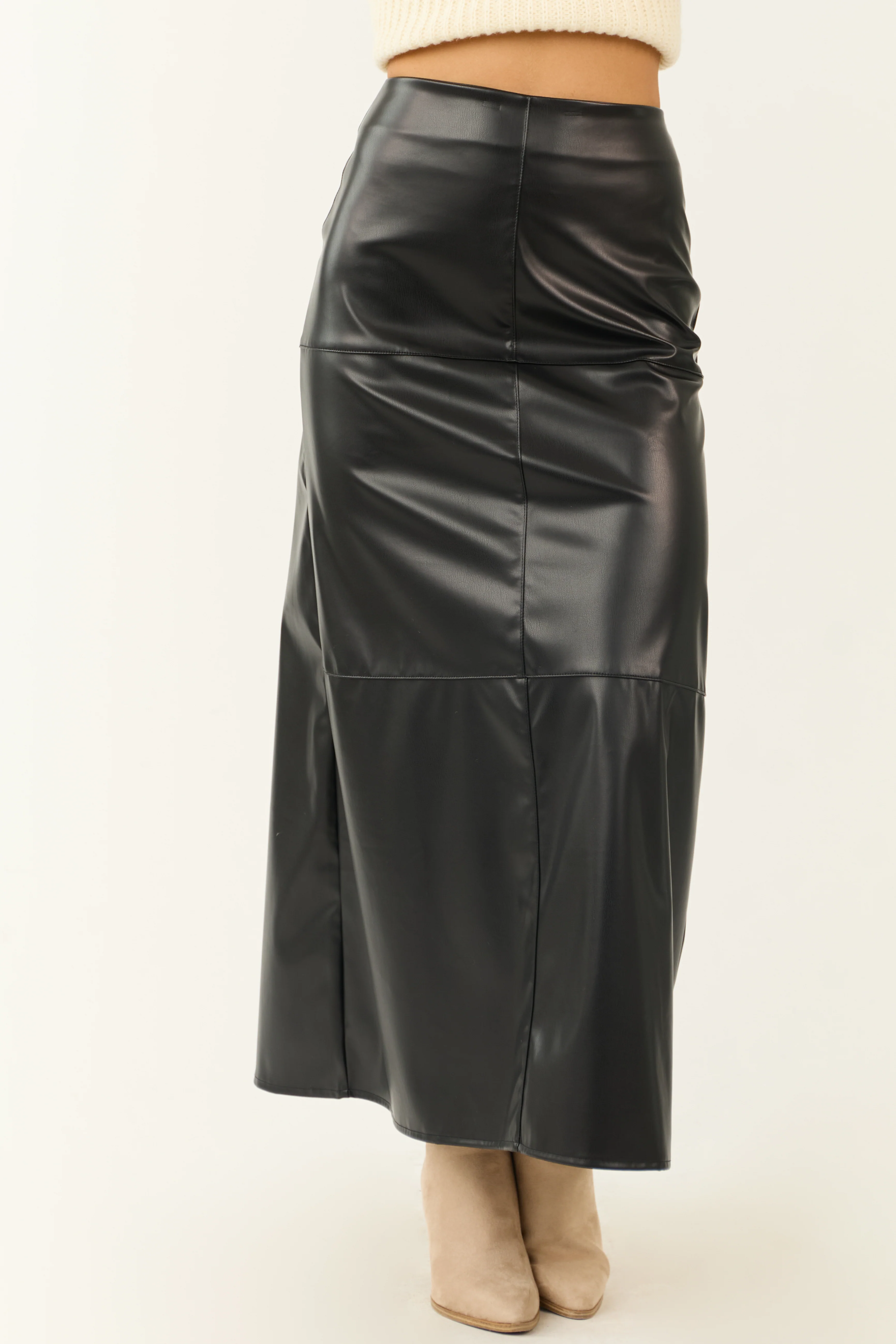 Black Faux Leather Slit Maxi Skirt - Image 2