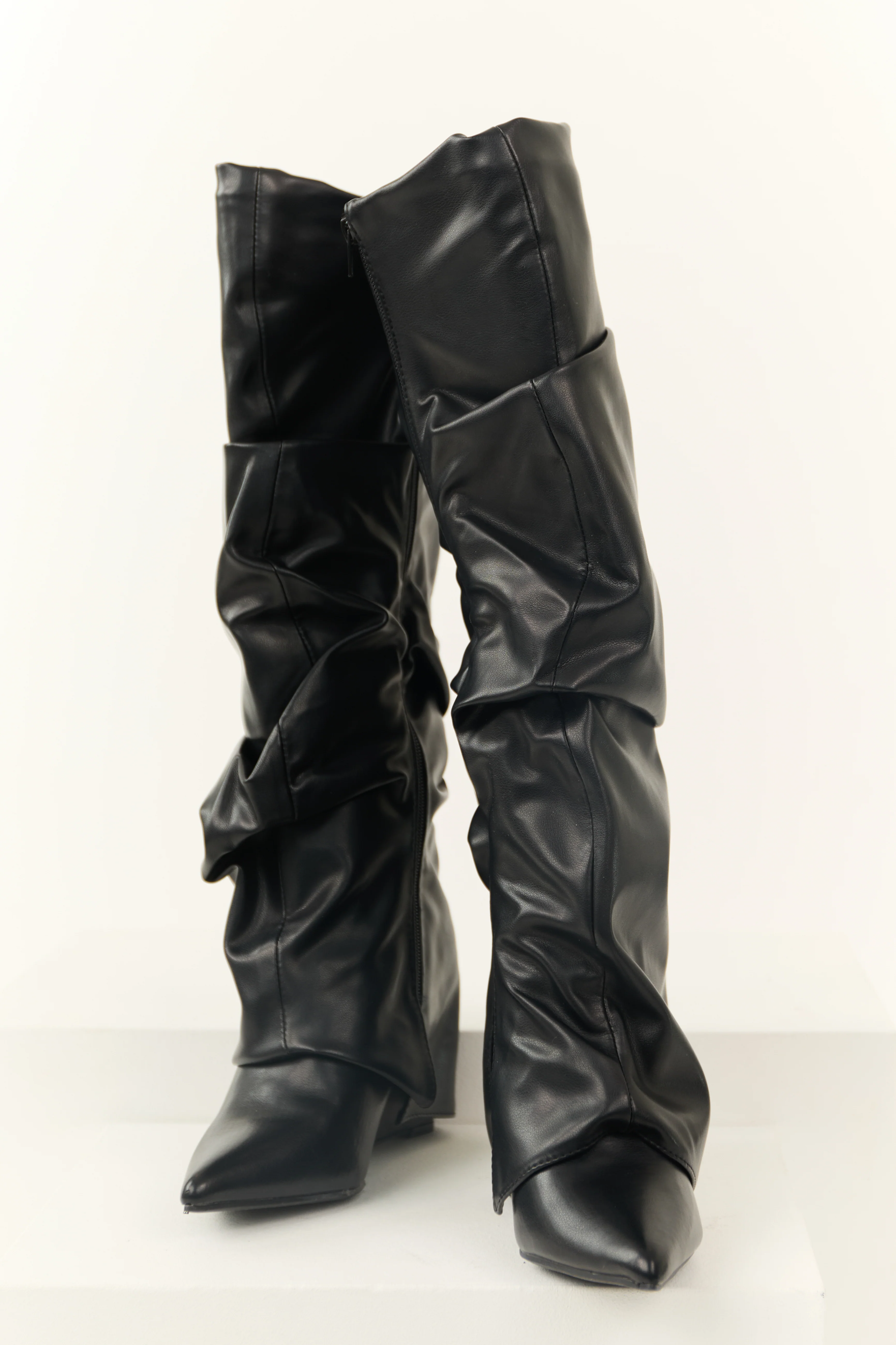 Black Faux Leather Slouchy Knee High Boots - Image 2