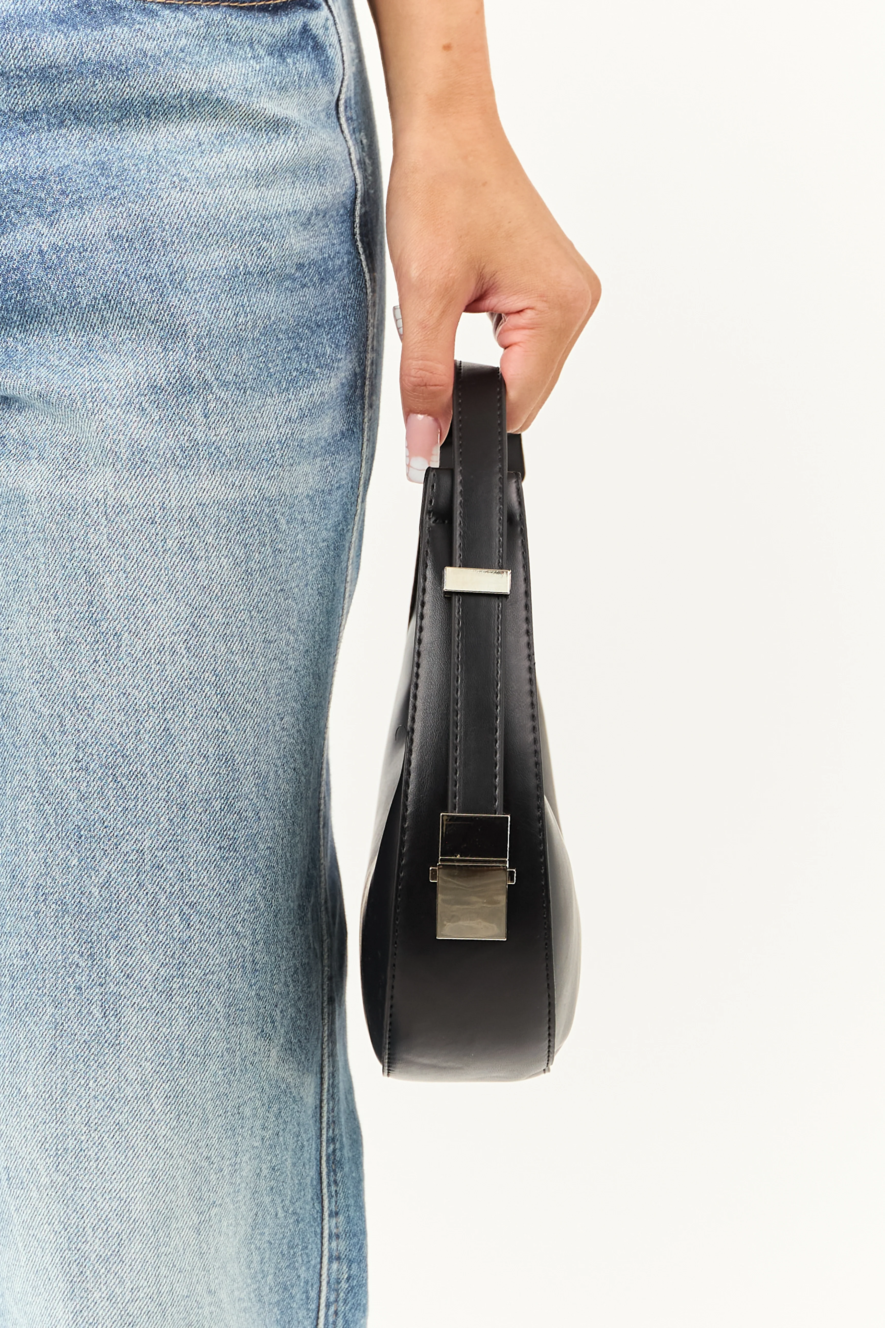 Black Faux Leather Small Half Moon Handbag - Image 2