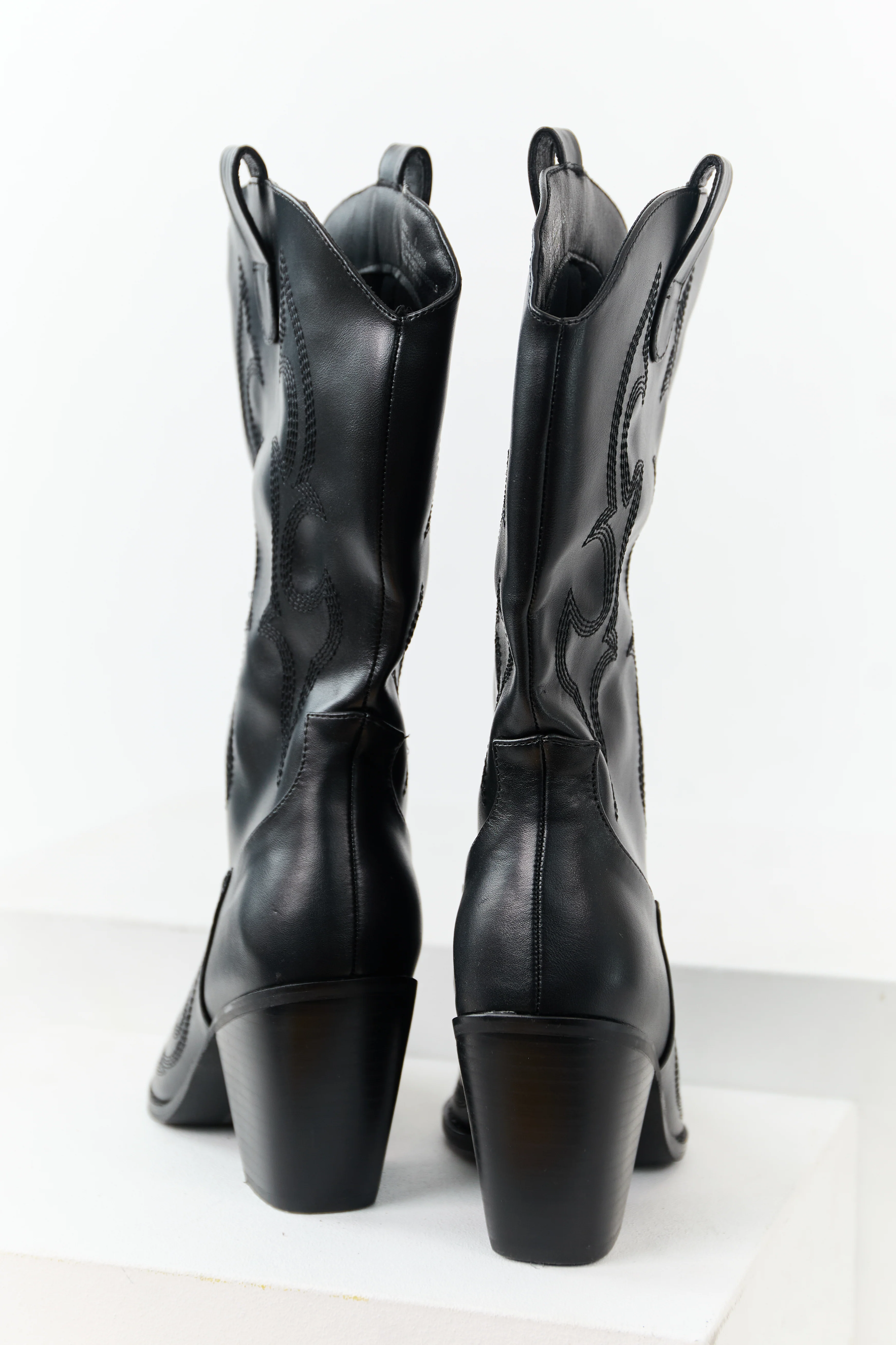 Black Faux Leather Stacked Heel Cowboy Boots - Image 3