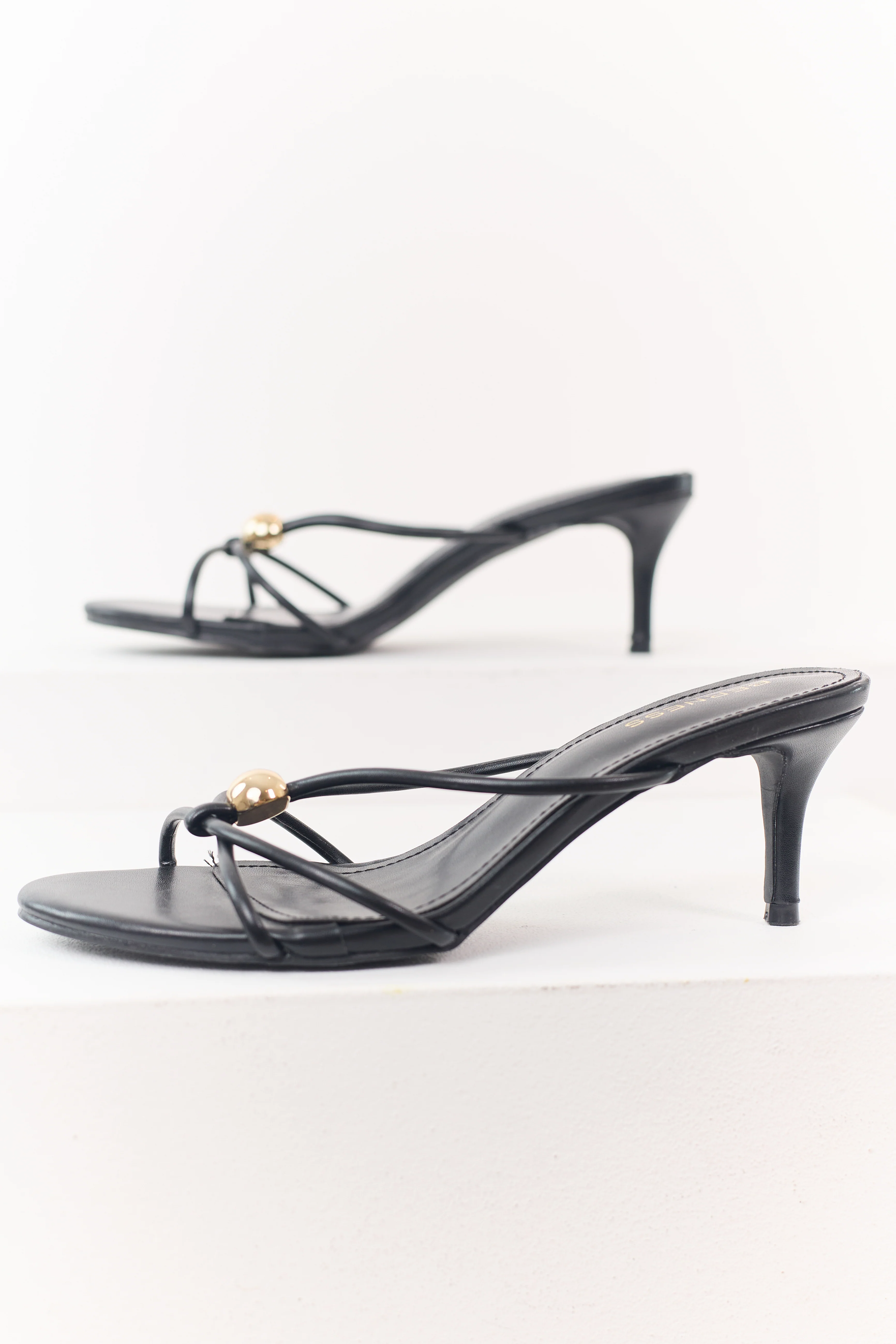 Black Faux Leather Strappy Stiletto Kitten Heels - Image 2