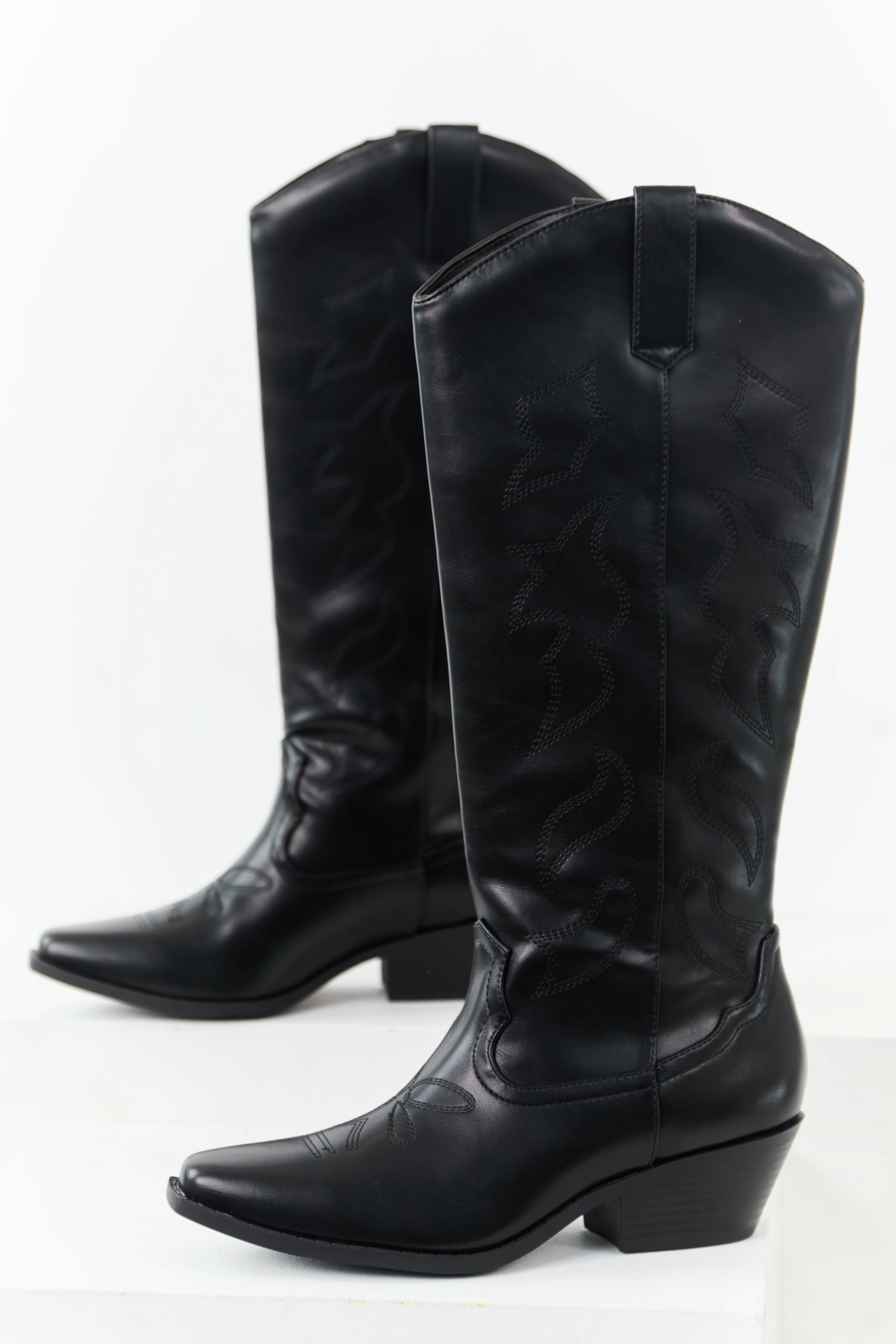 Black Faux Leather Western Embroidered Tall Boots