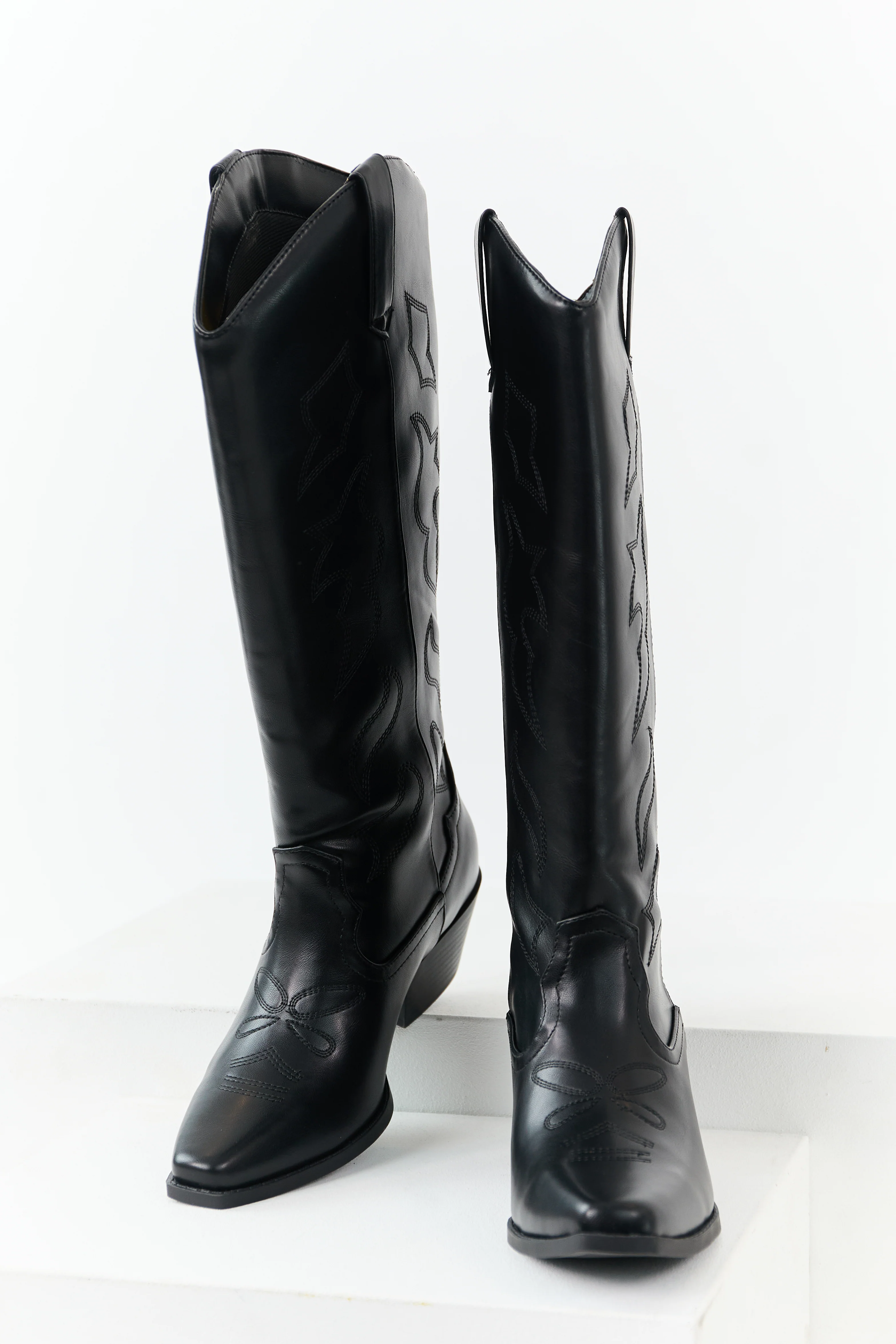Black Faux Leather Western Embroidered Tall Boots - Image 3
