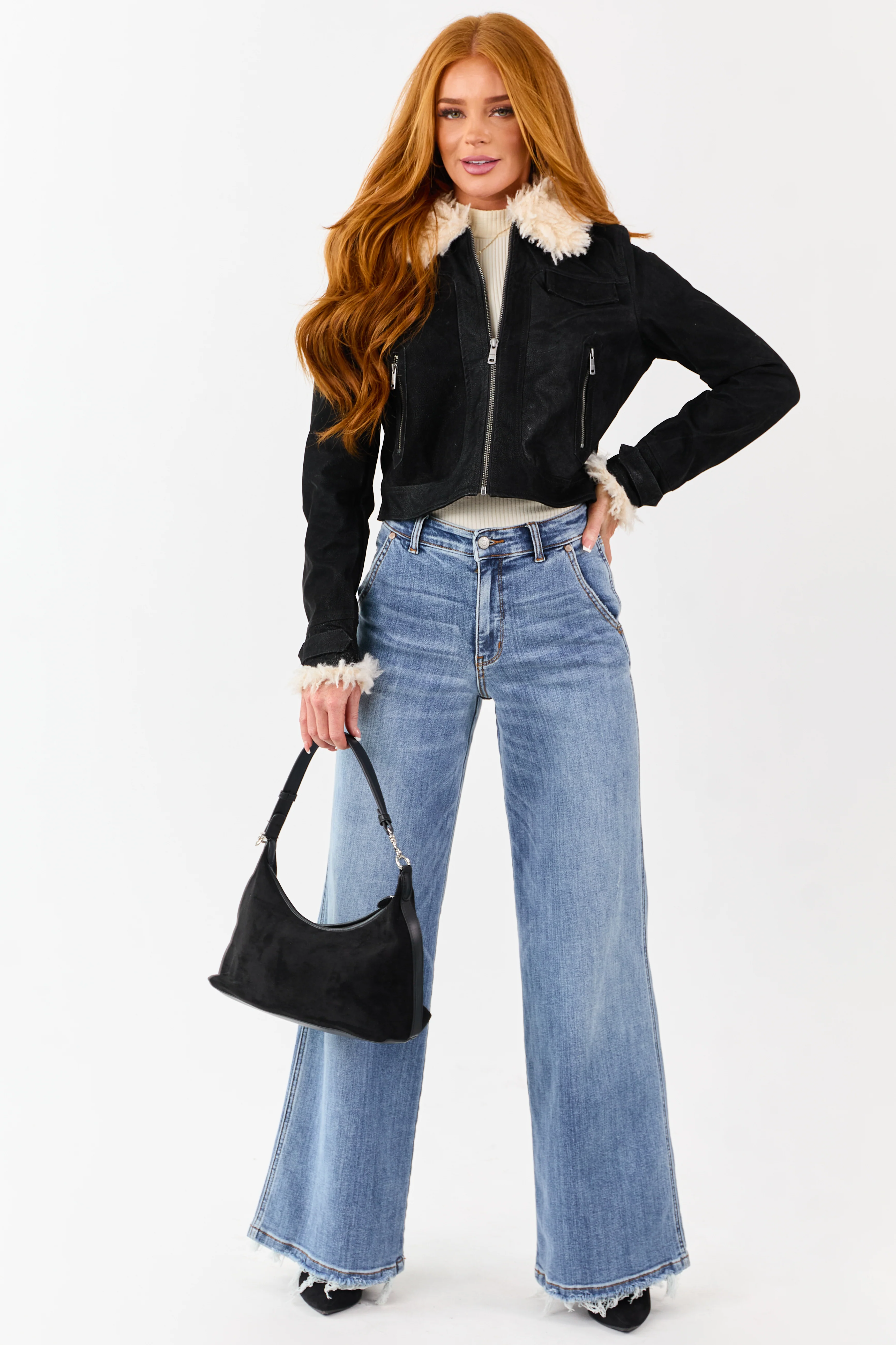 Black Faux Leather Zip Up Sherpa Aviator Jacket - Image 9