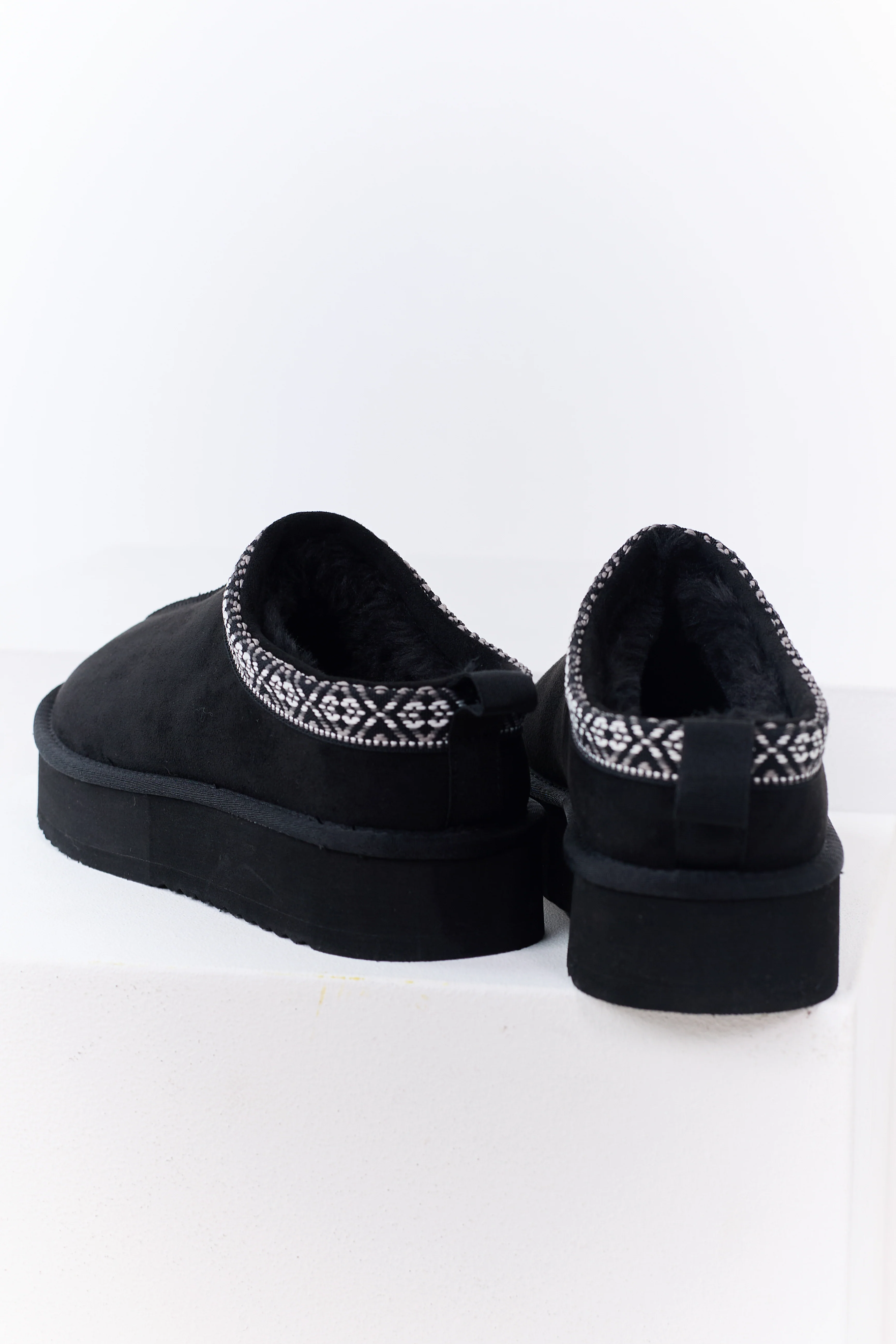 Black Faux Suede Fur Lined Platform Slippers - Image 3