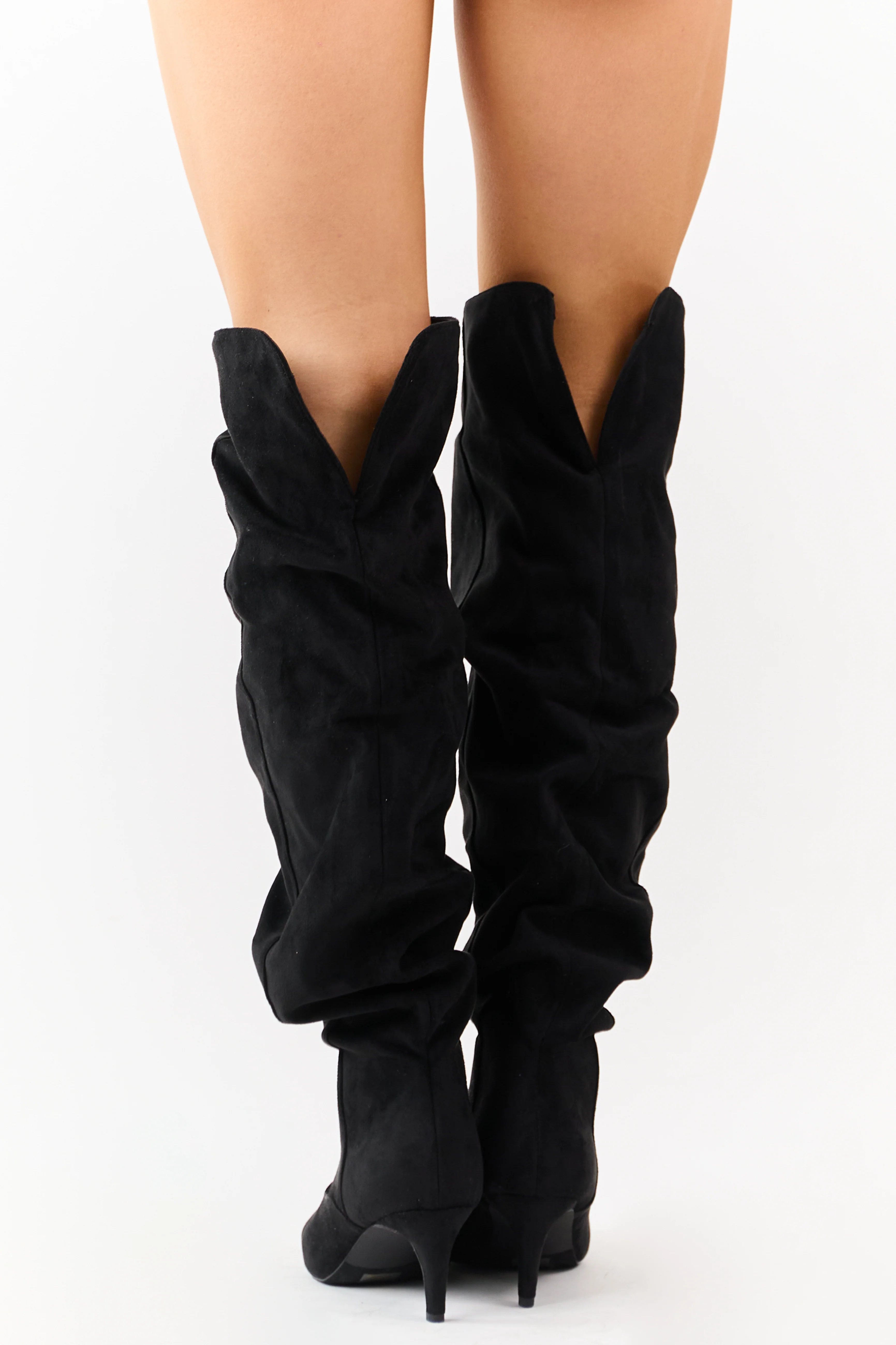 Black Faux Suede Low Stiletto Heel Slouchy Boots - Image 3
