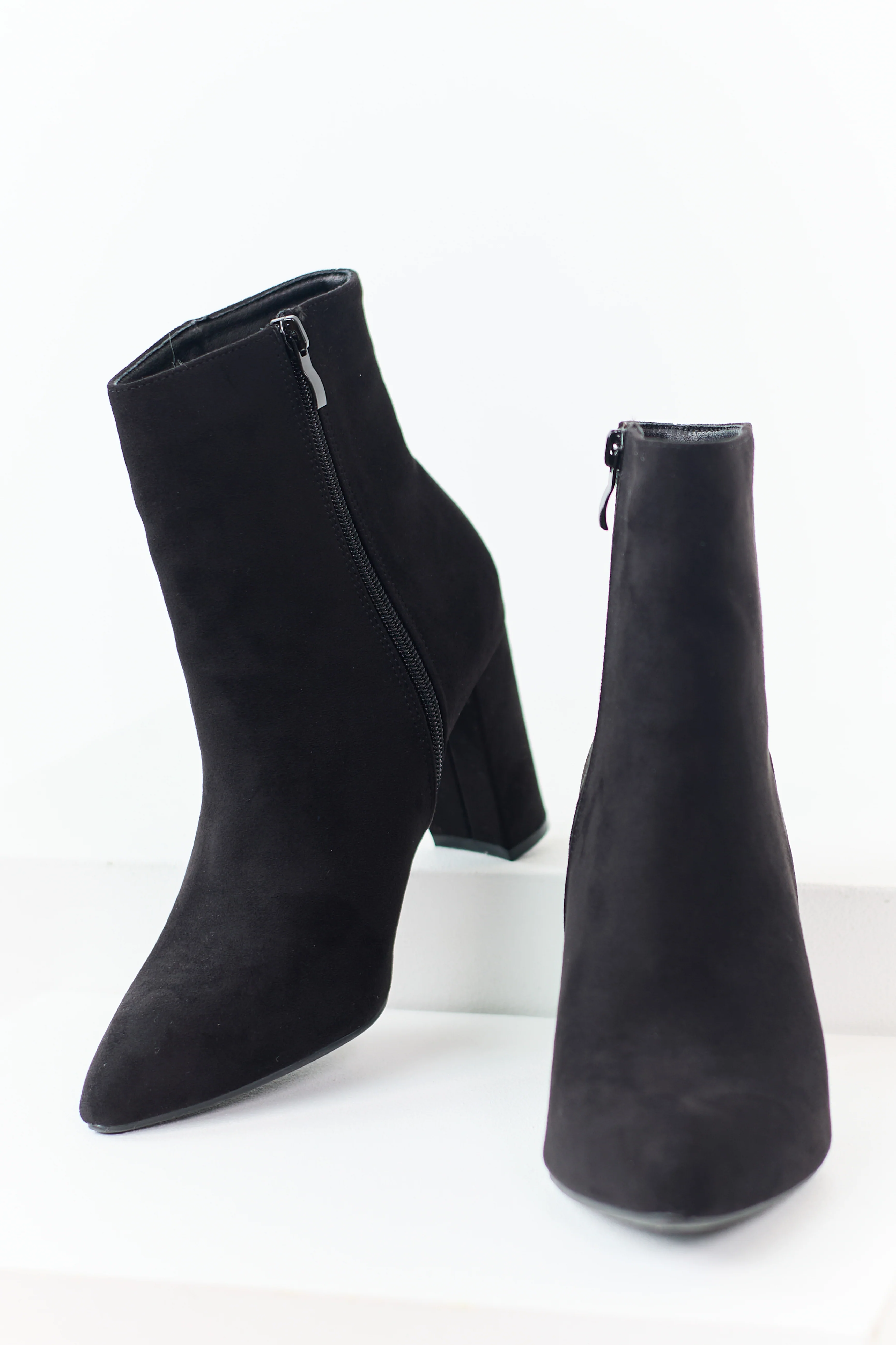 Black Faux Suede Pointed Toe Heeled Booties - Image 2