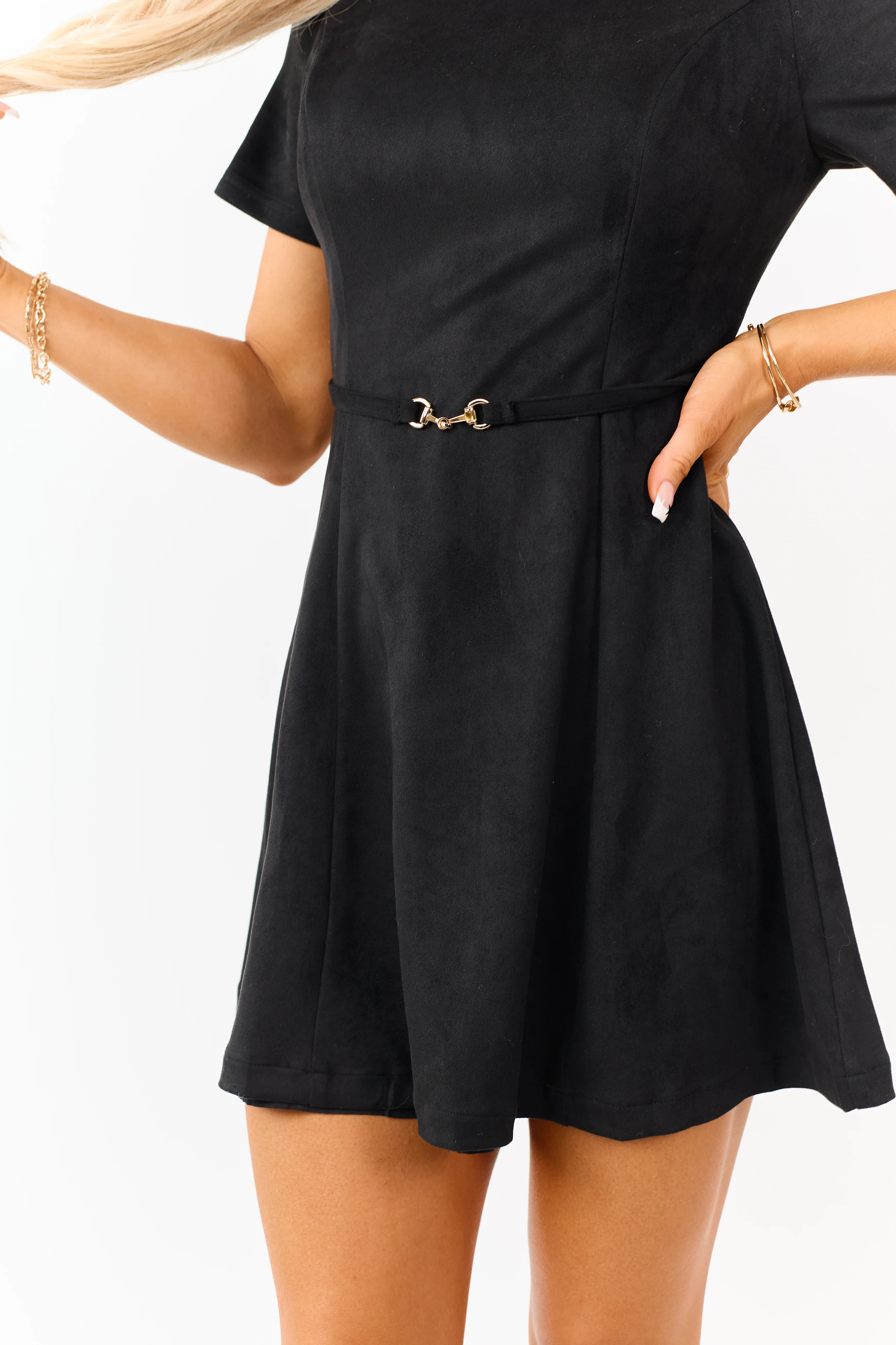 Black Faux Suede Short Sleeve Belt Mini Dress - Image 7