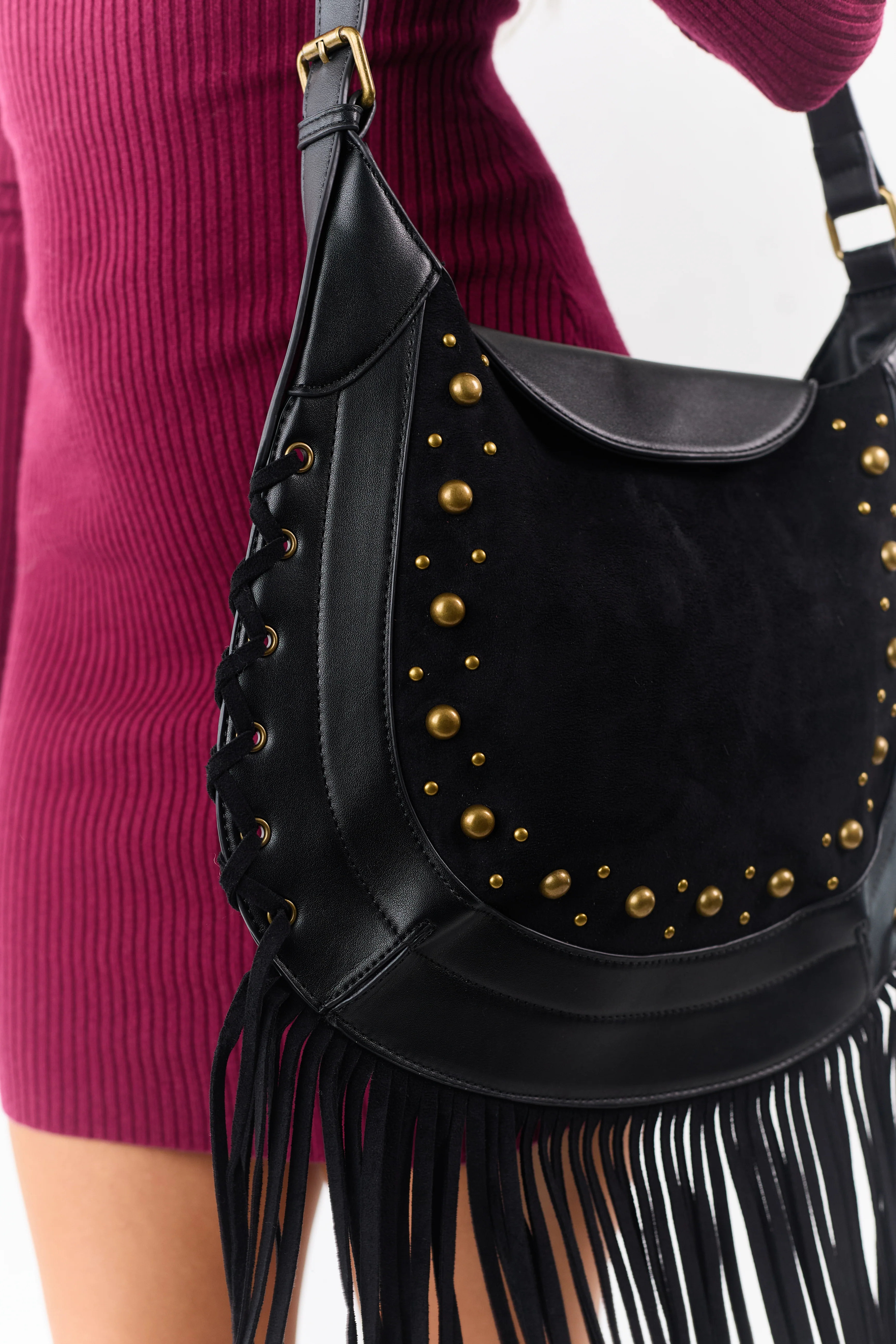 Black Faux Suede Stud Trim Fringe Bag - Image 2