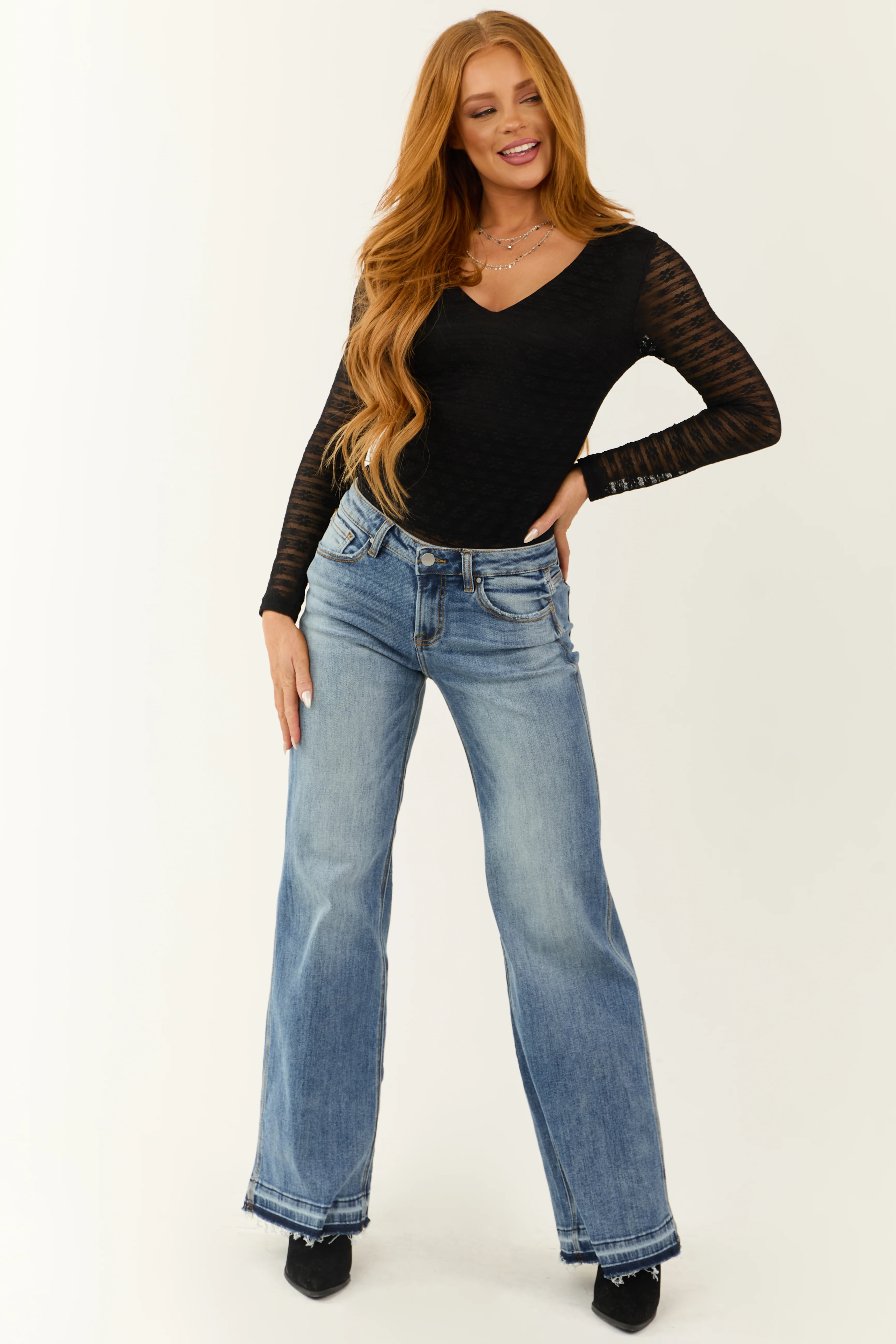 Black Floral Deep V Neck Lace Long Sleeve Bodysuit - Image 3