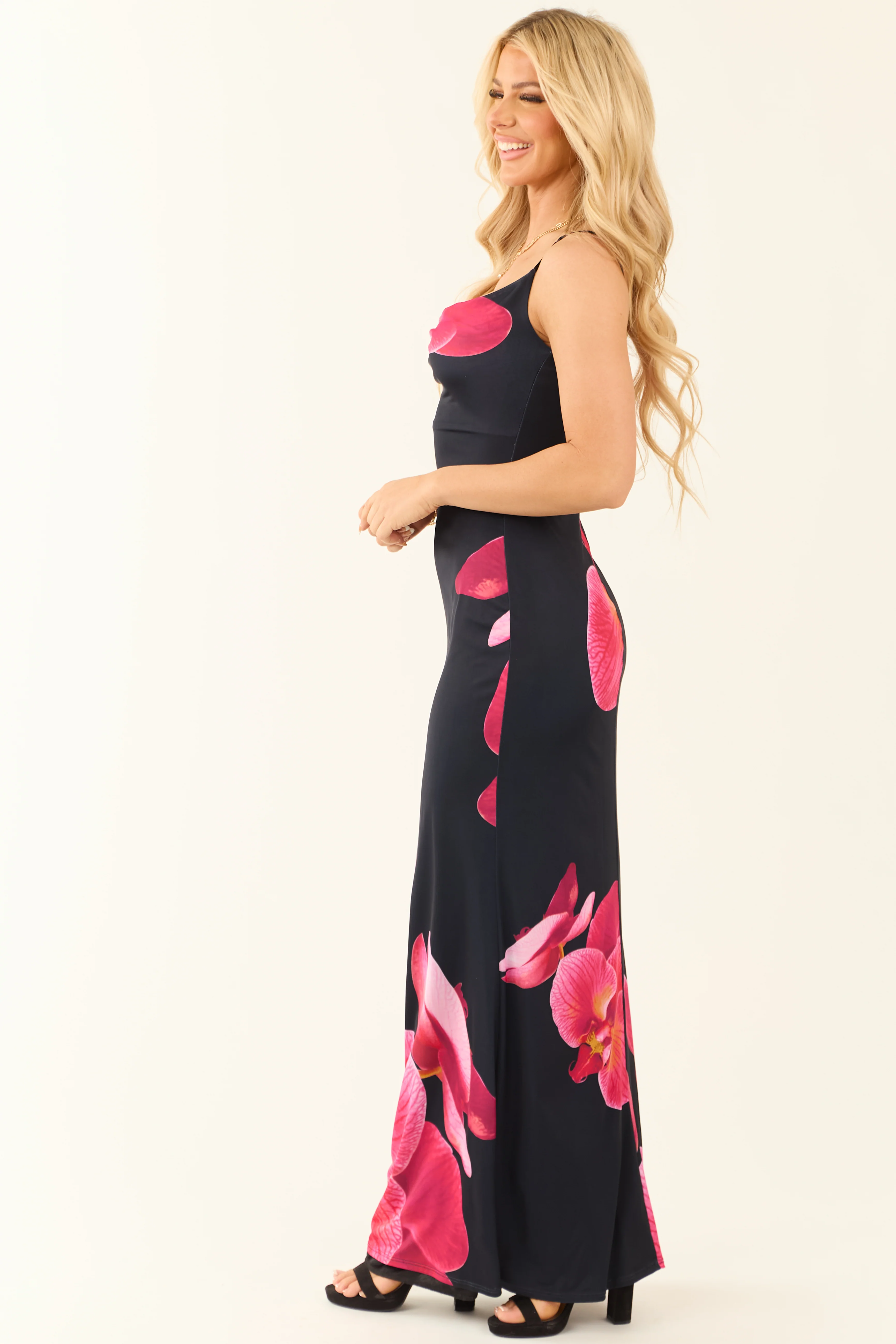 Black Floral Print Sleeveless Satin Maxi Dress - Image 4