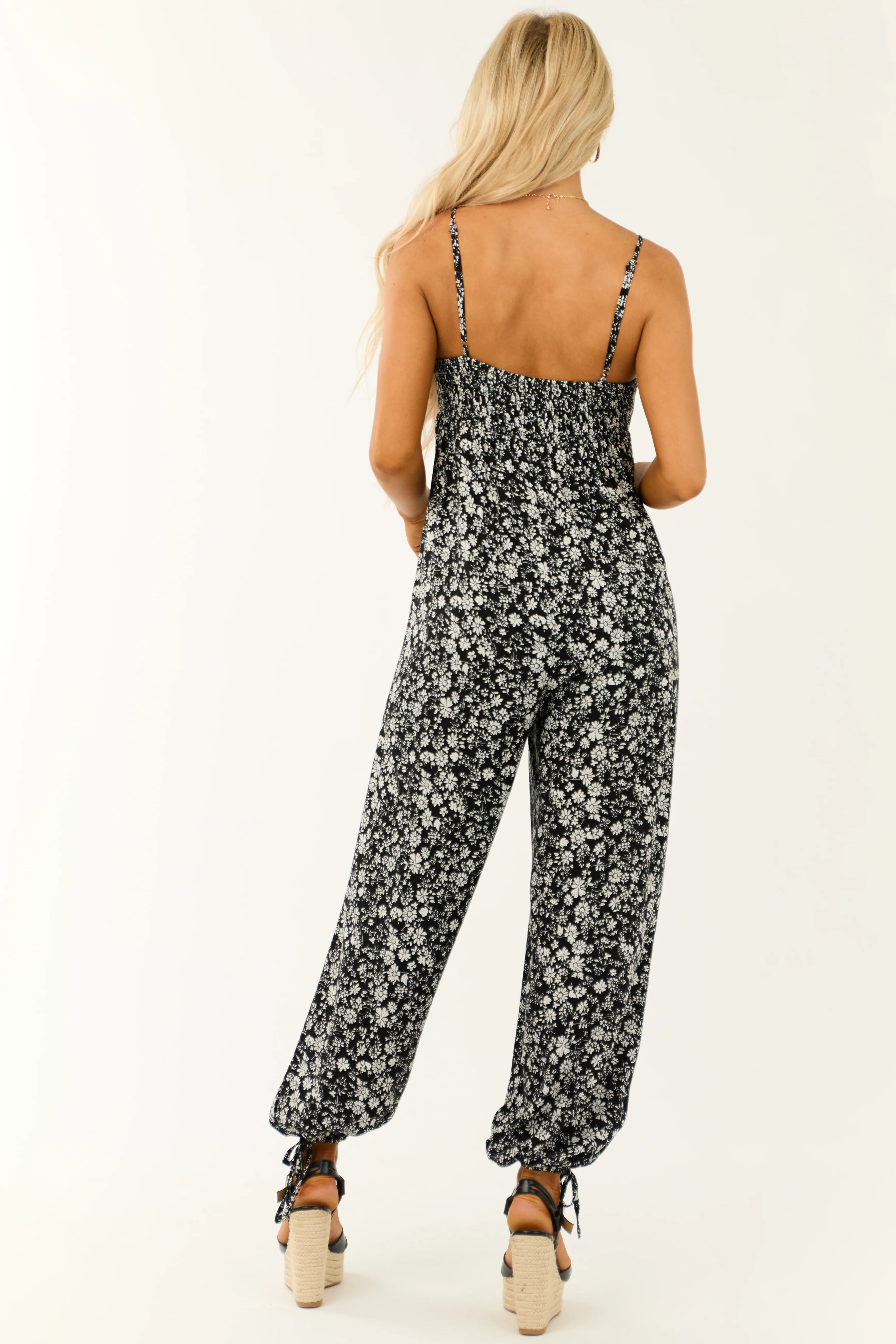 Black Floral Print Front Tie V Neck Jumpsuit - Image 6