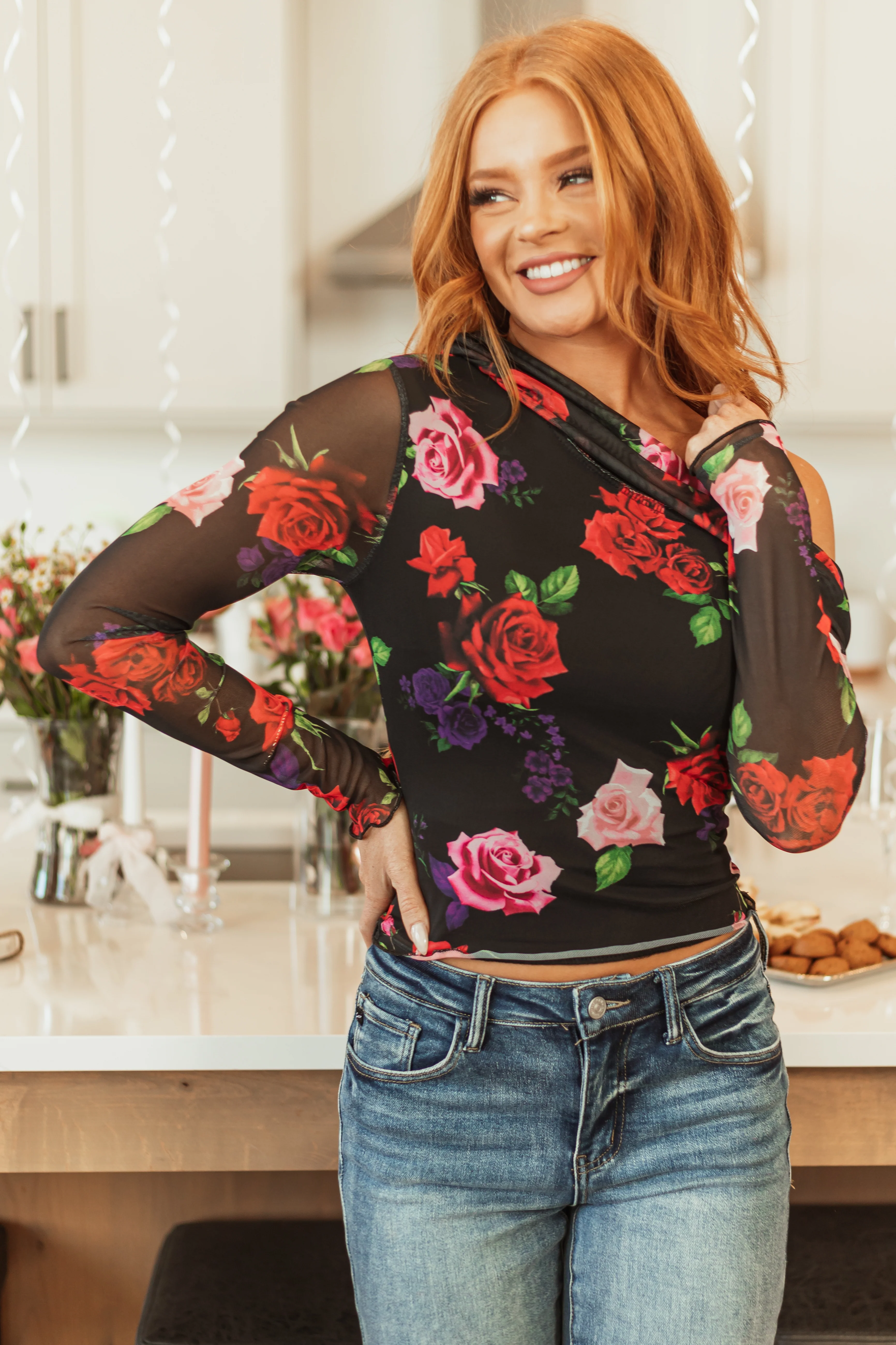 Black Floral Print Ruched Mesh Off Shoulder Top - Image 4