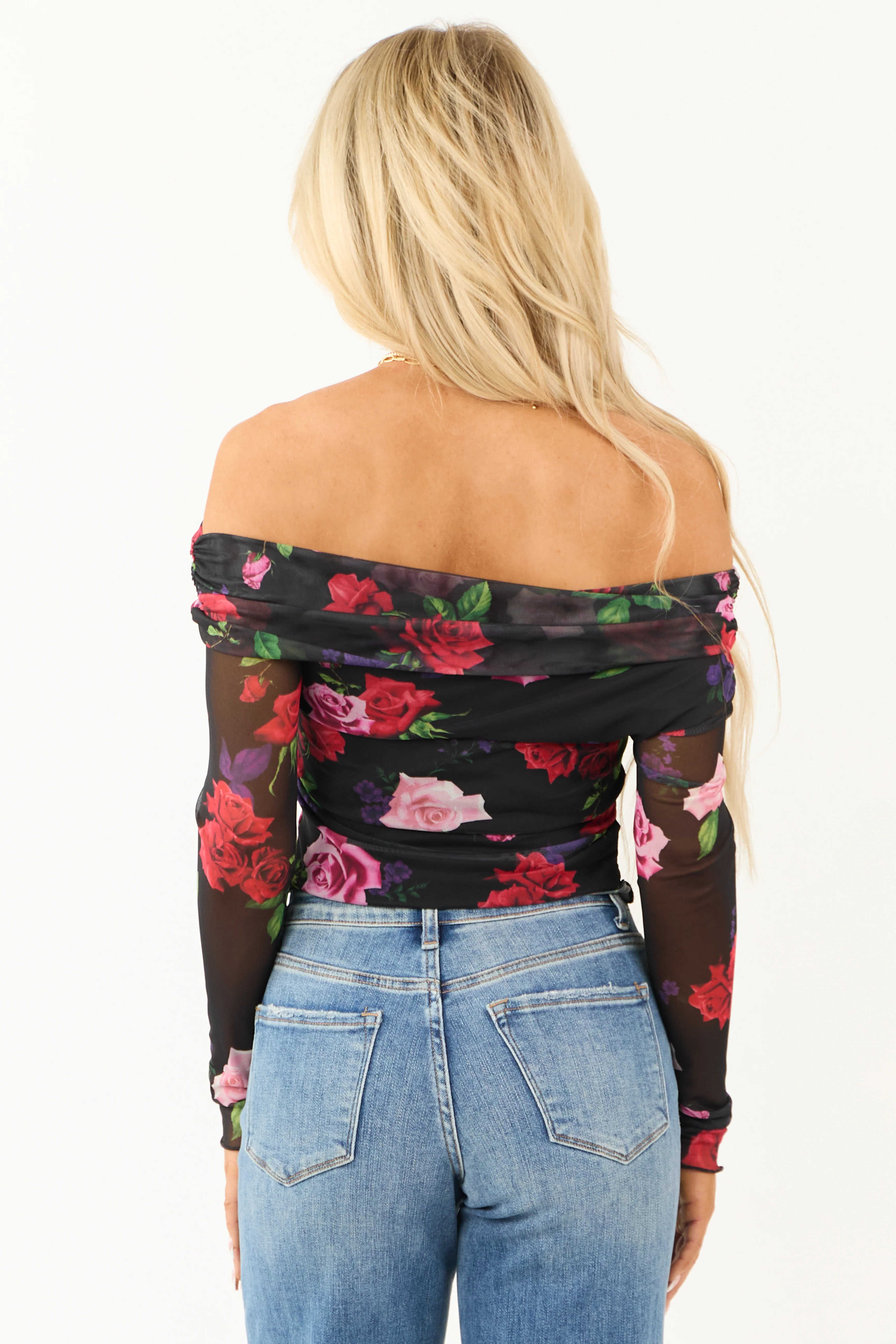 Black Floral Print Ruched Mesh Off Shoulder Top - Image 7
