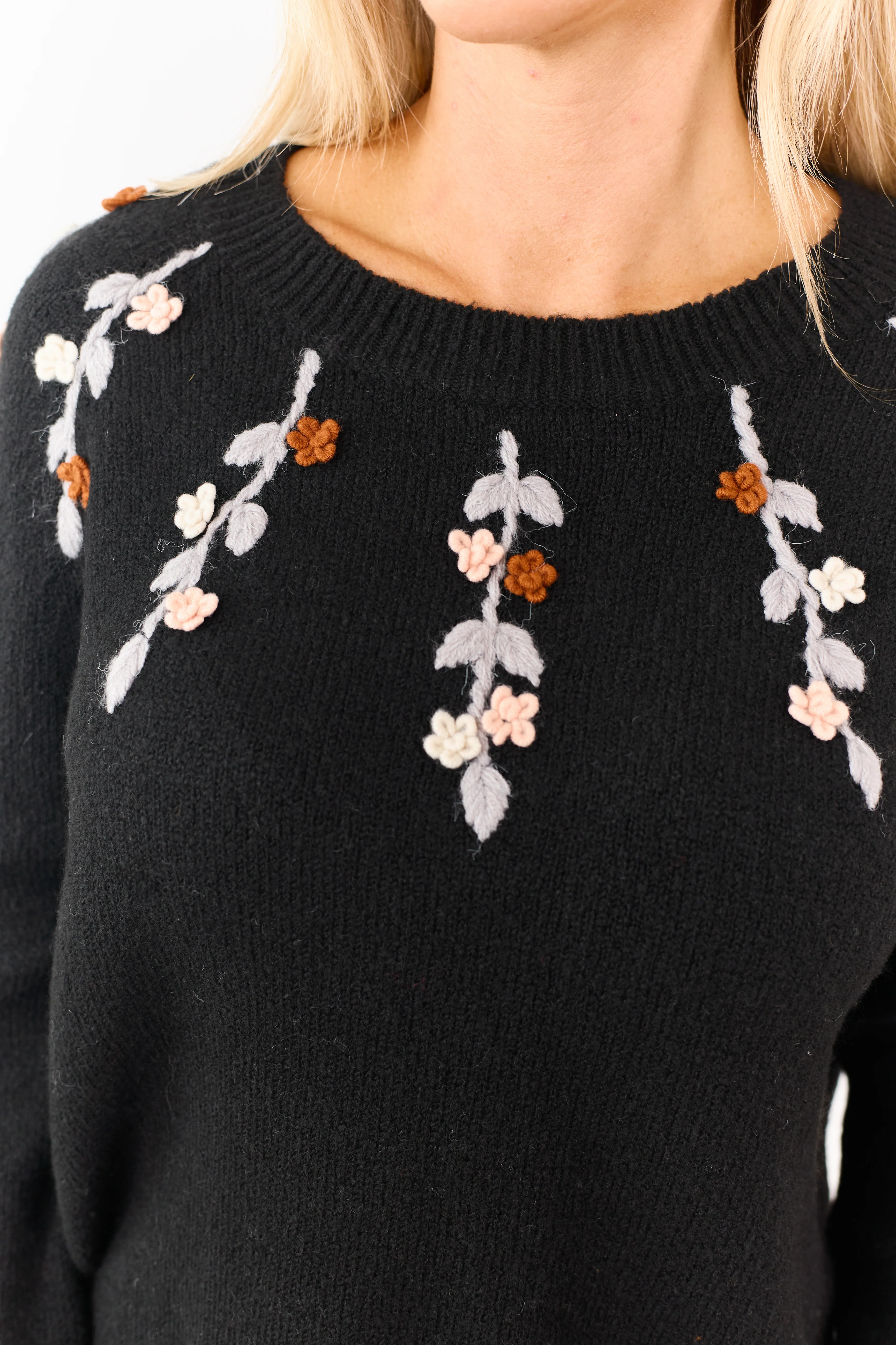 Black Floral Yarn Embroidered Long Sleeve Sweater - Image 2