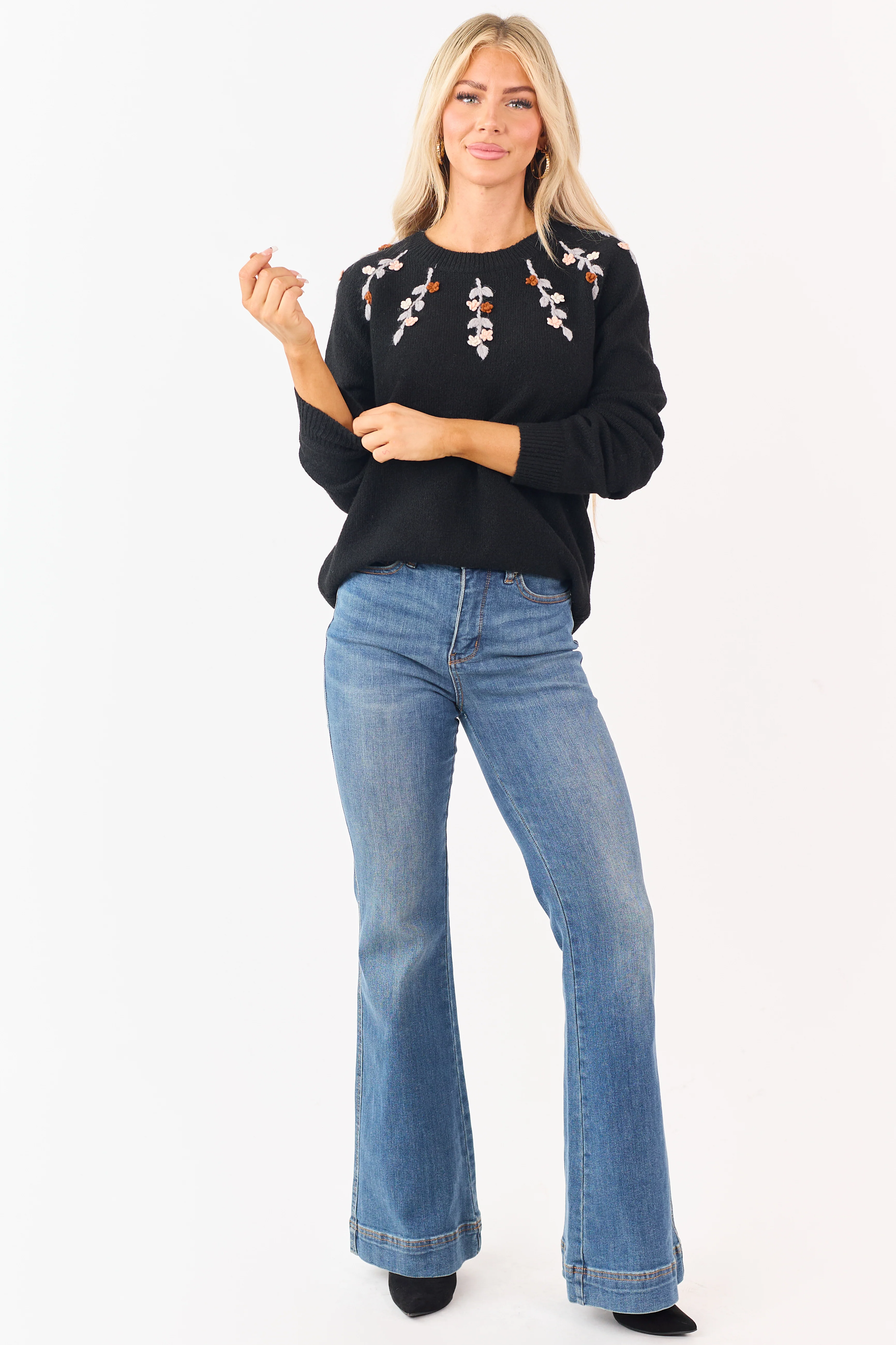 Black Floral Yarn Embroidered Long Sleeve Sweater - Image 3