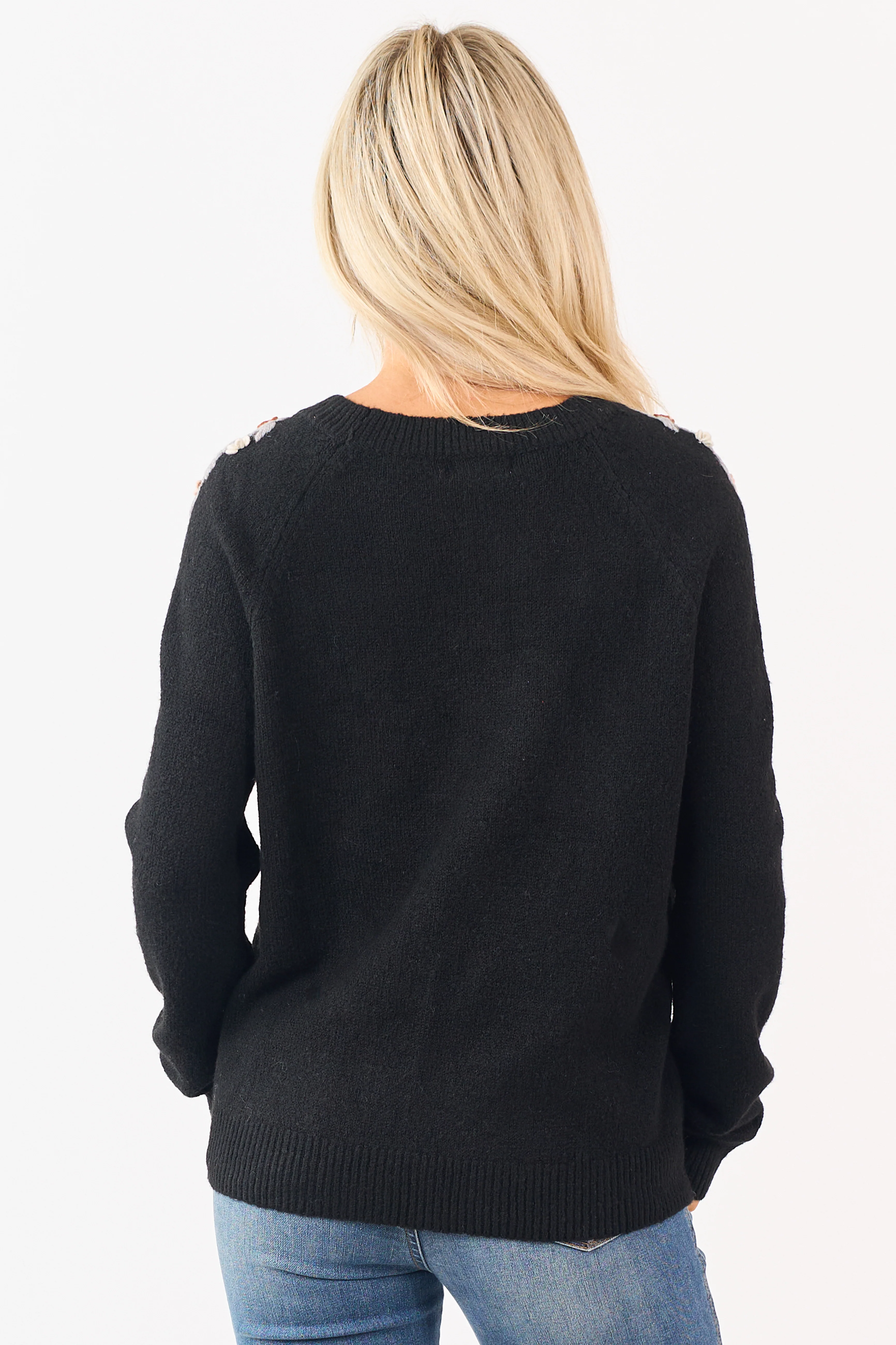 Black Floral Yarn Embroidered Long Sleeve Sweater - Image 6