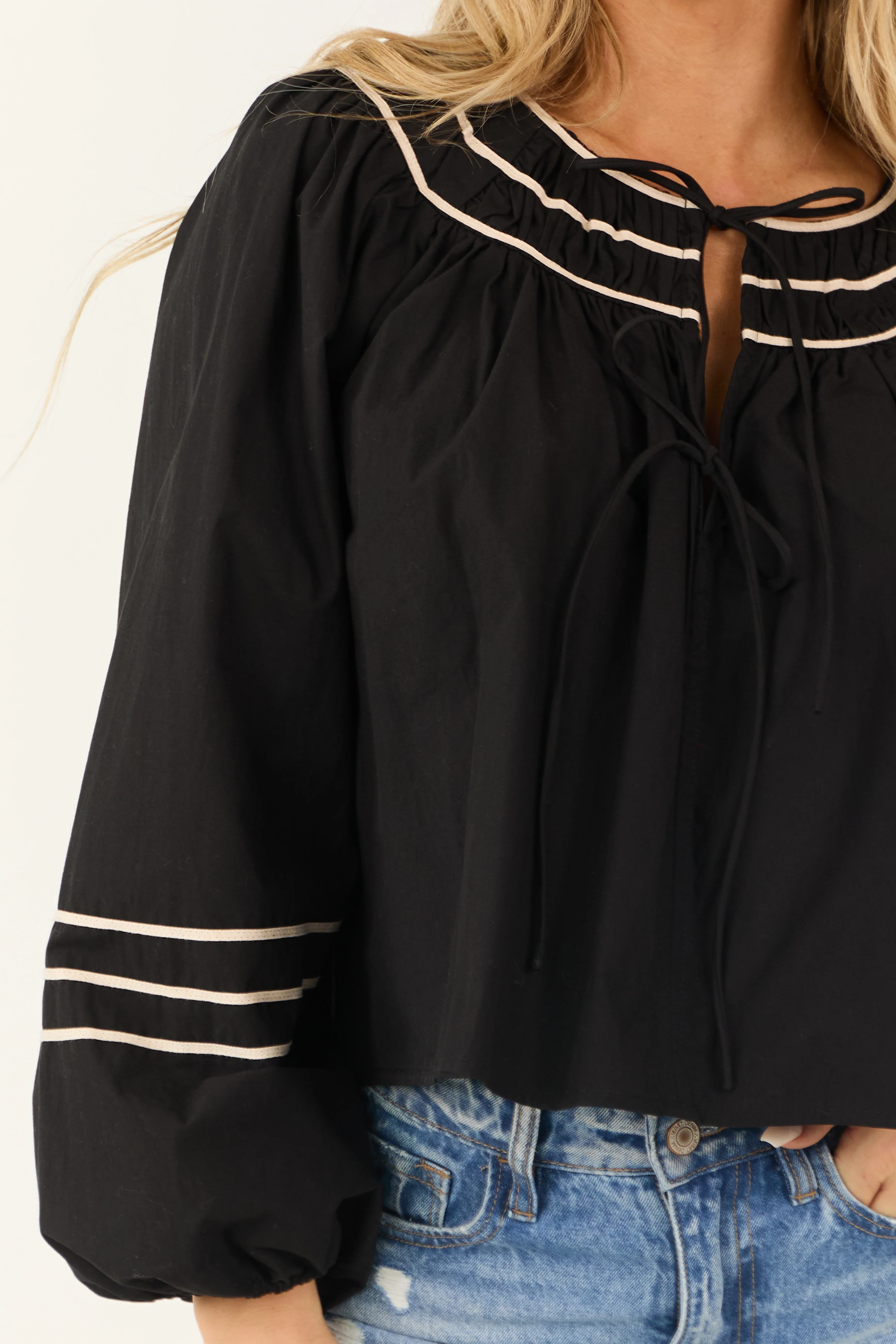 Black Front Double Tie Puff Long Sleeve Top - Image 7