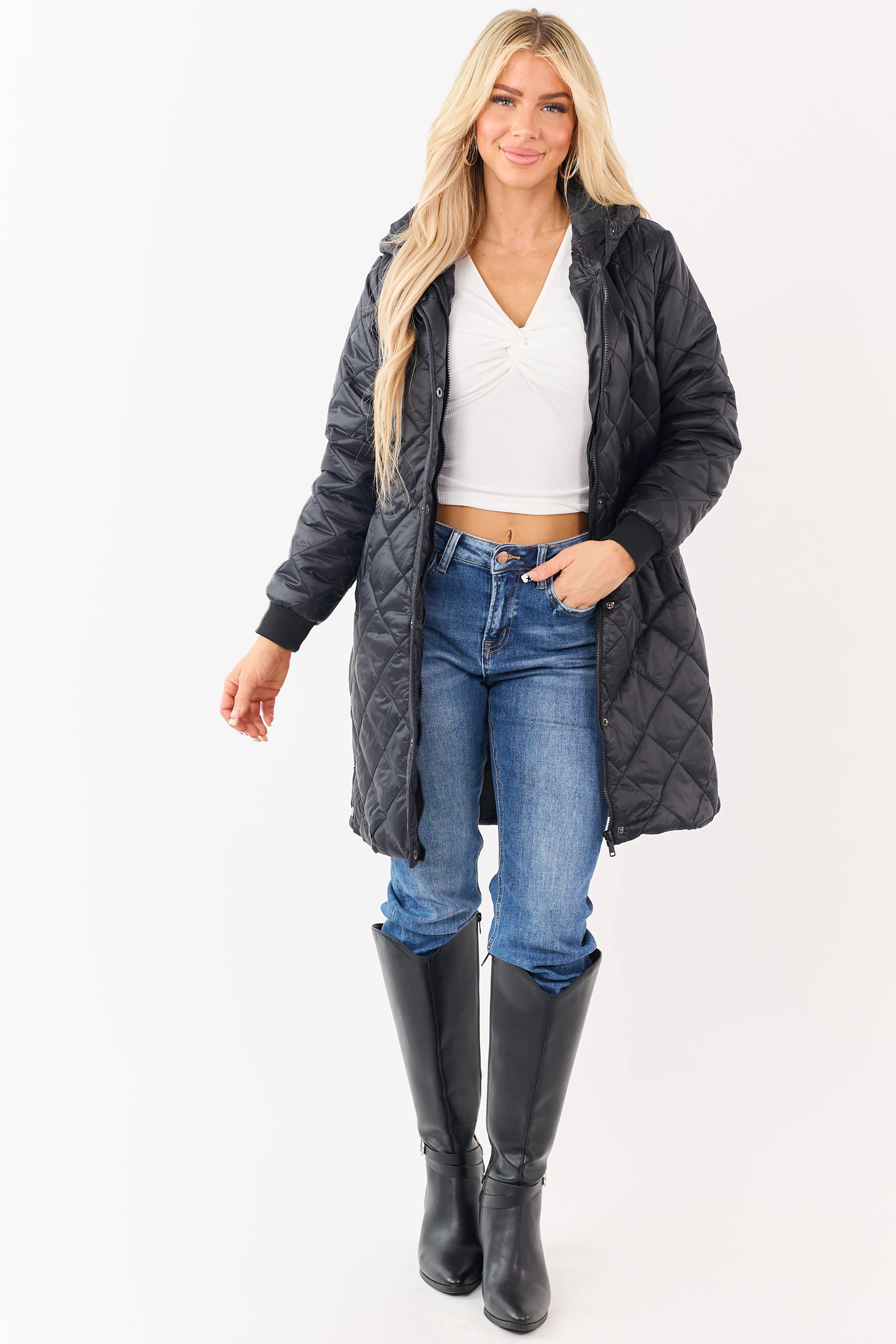Black Hooded Zip Up Quilted Puffer Long Coat - Image 4