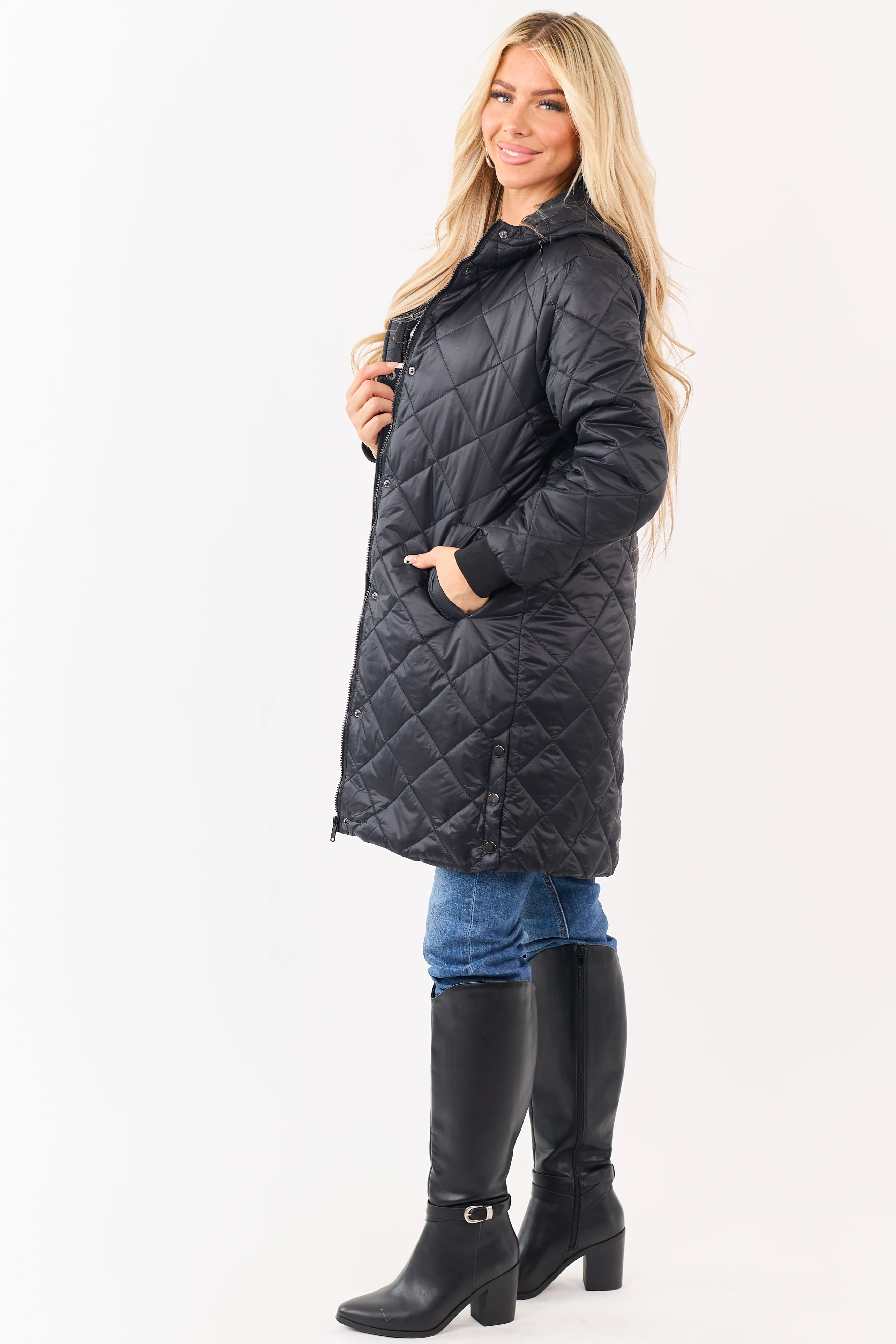 Black Hooded Zip Up Quilted Puffer Long Coat - Image 5