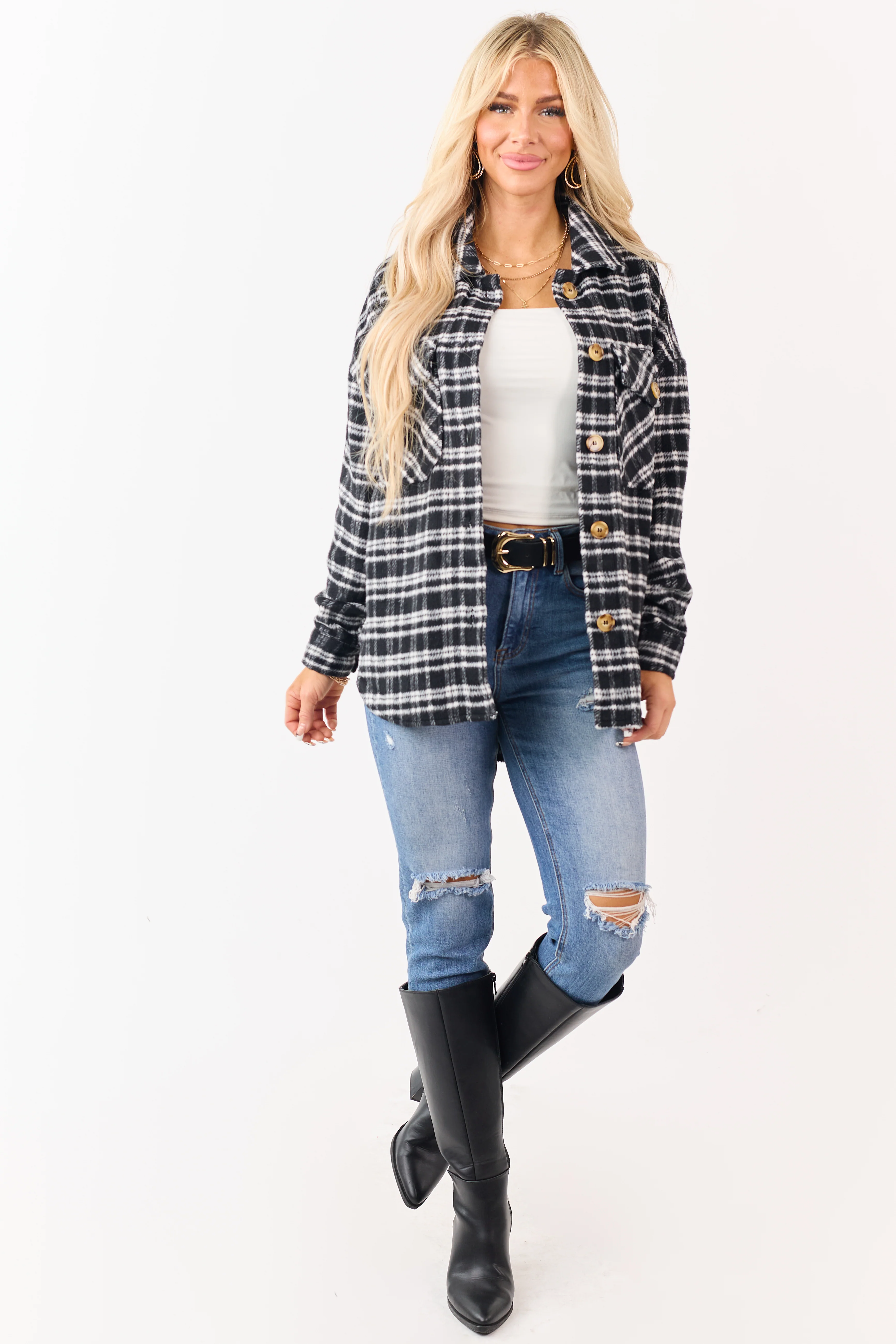 Black and Ivory Plaid Button Down Shacket - Image 2