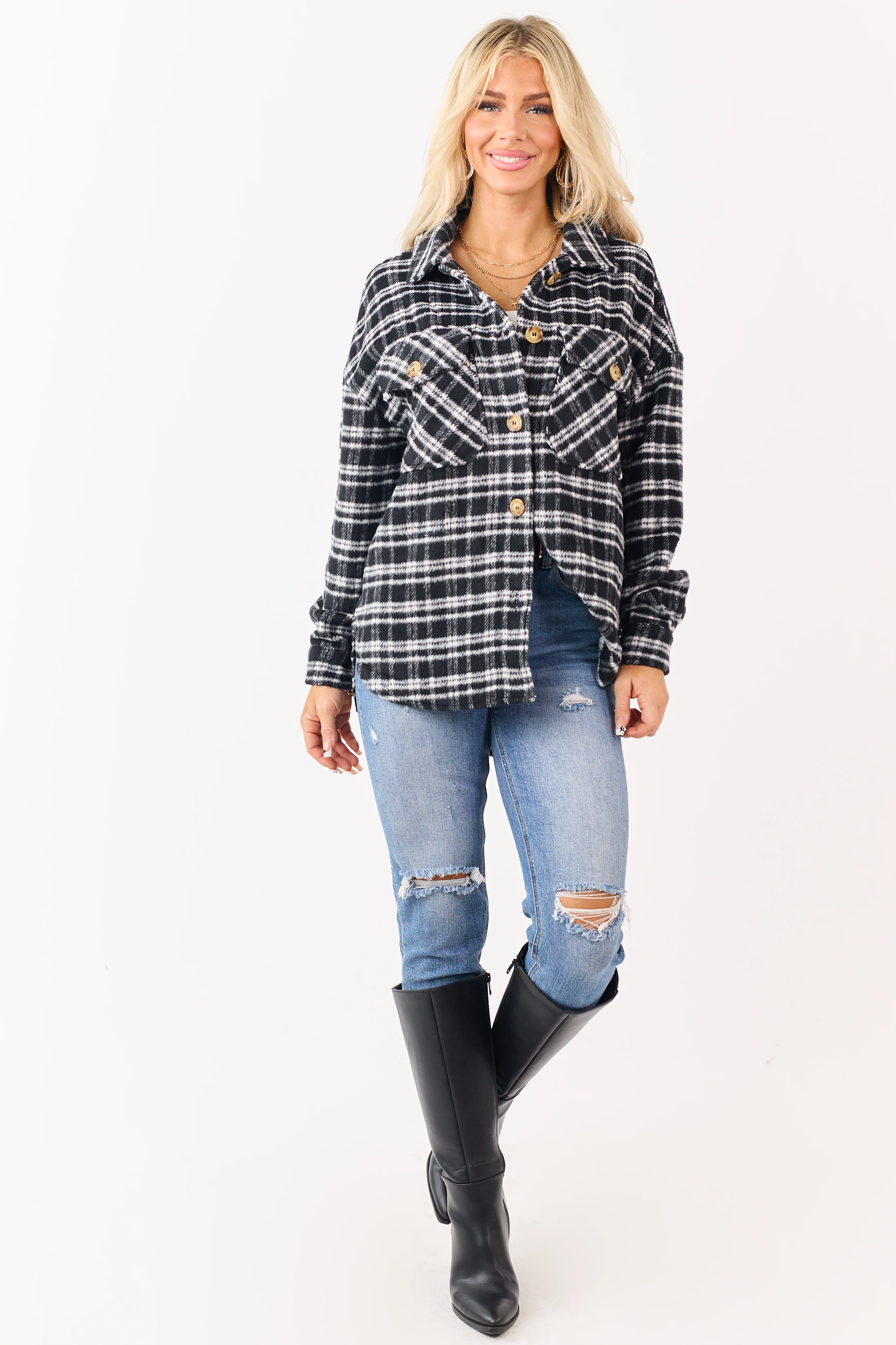Black and Ivory Plaid Button Down Shacket - Image 3