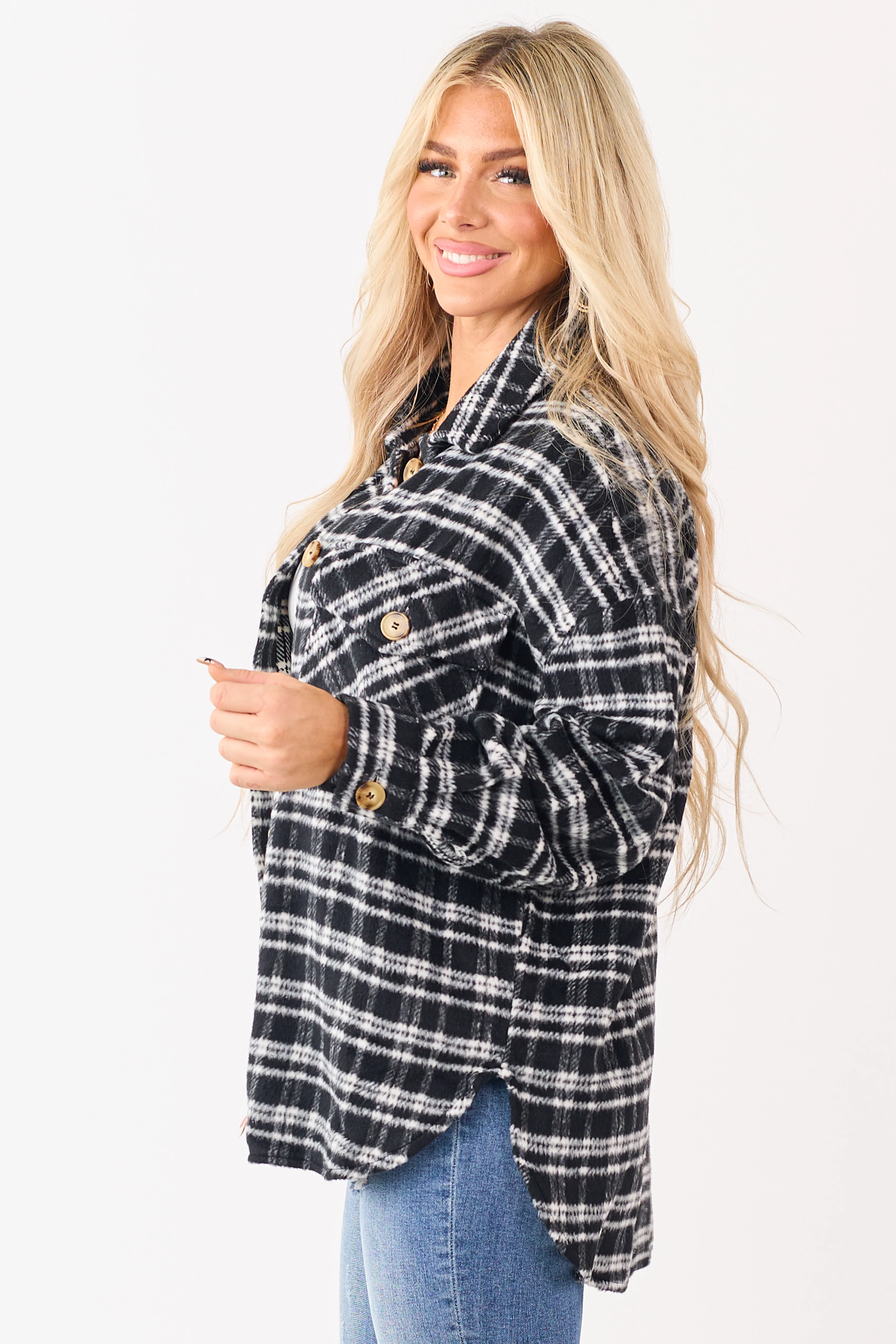 Black and Ivory Plaid Button Down Shacket - Image 5