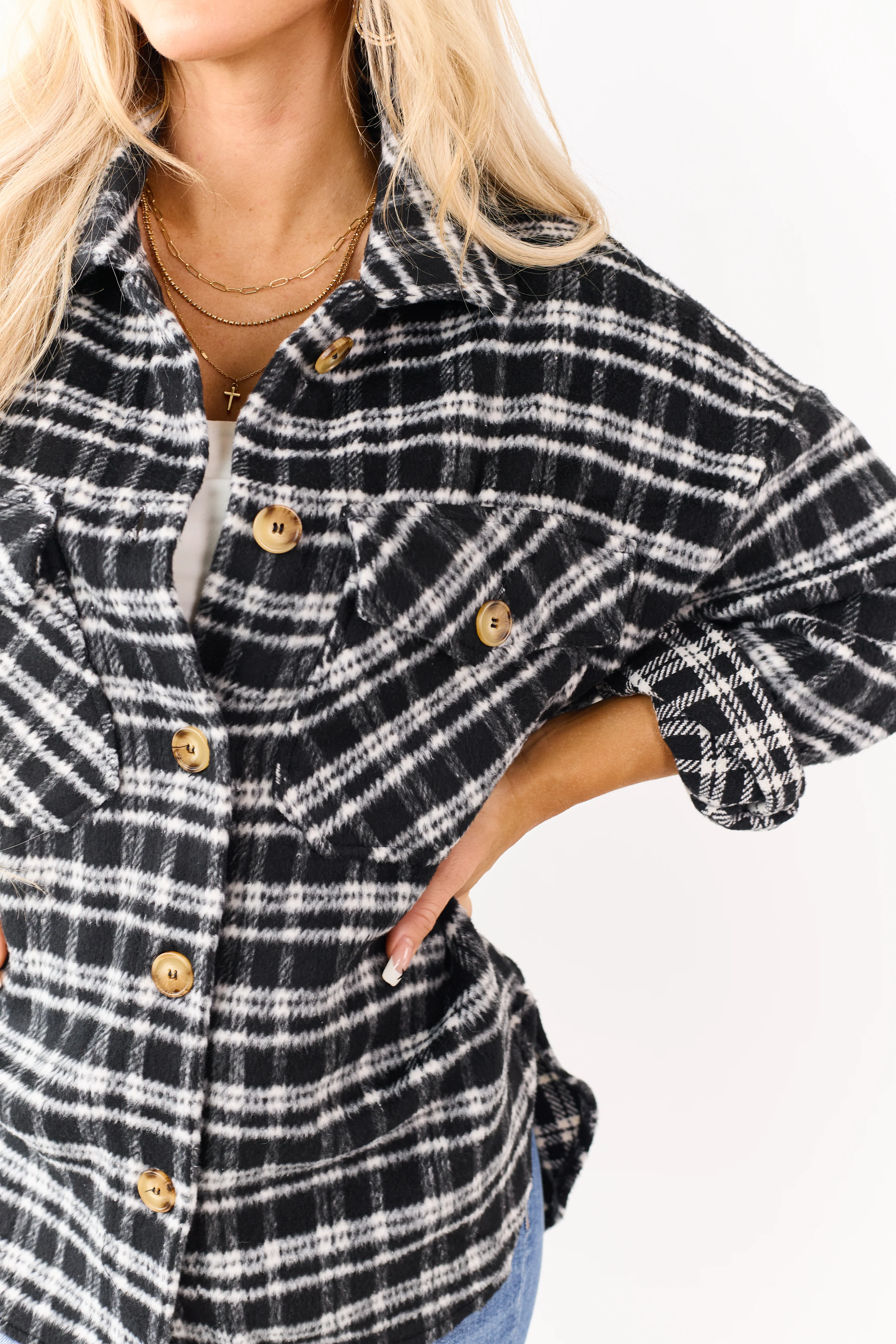 Black and Ivory Plaid Button Down Shacket - Image 7