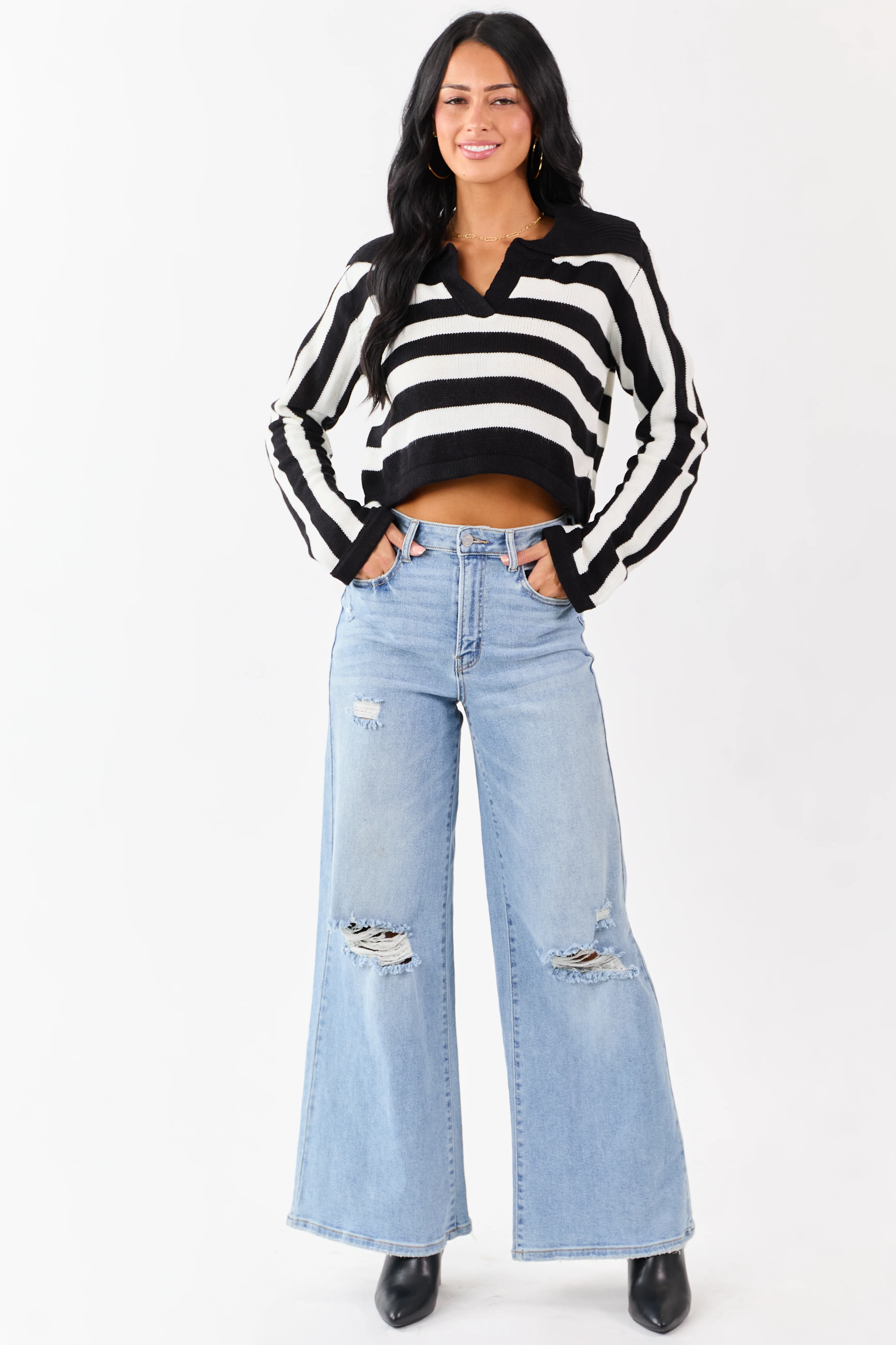 Black and Ivory Stripe Polo Style Cropped Sweater - Image 2