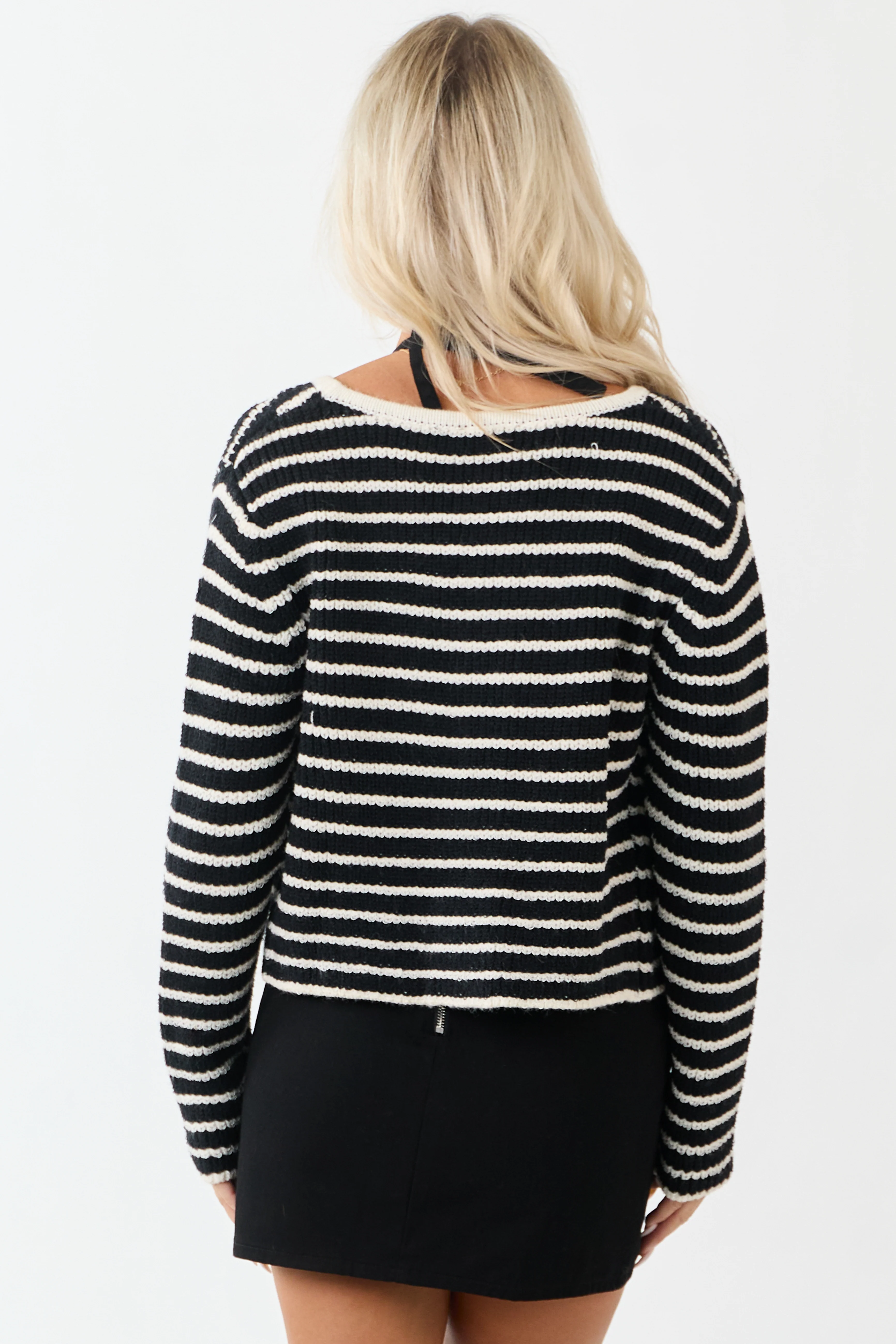 Black and Ivory Striped Button Down Knit Cardigan - Image 7