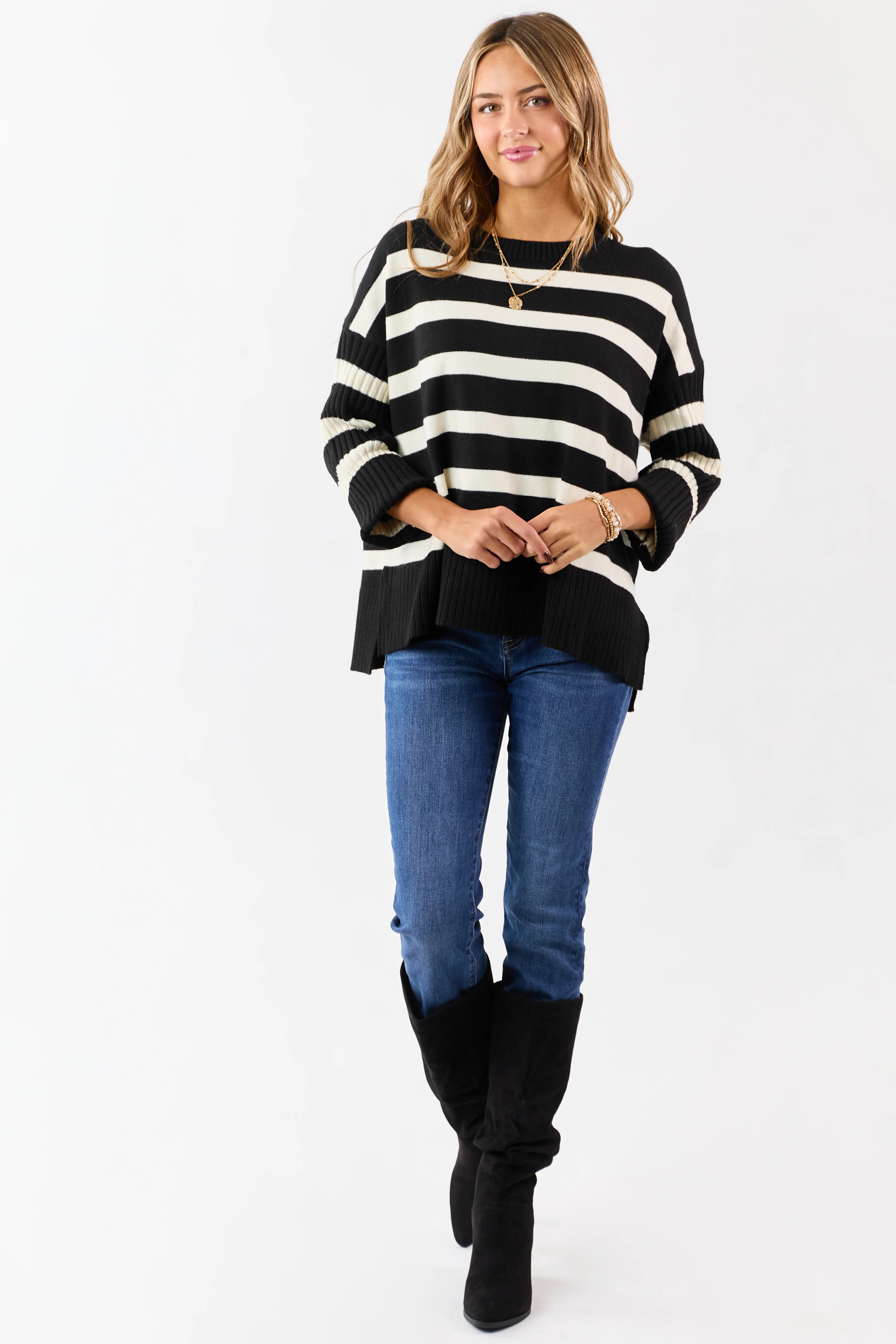 Black and Ivory Striped Ribbed Sleeve Sweater - Image 2