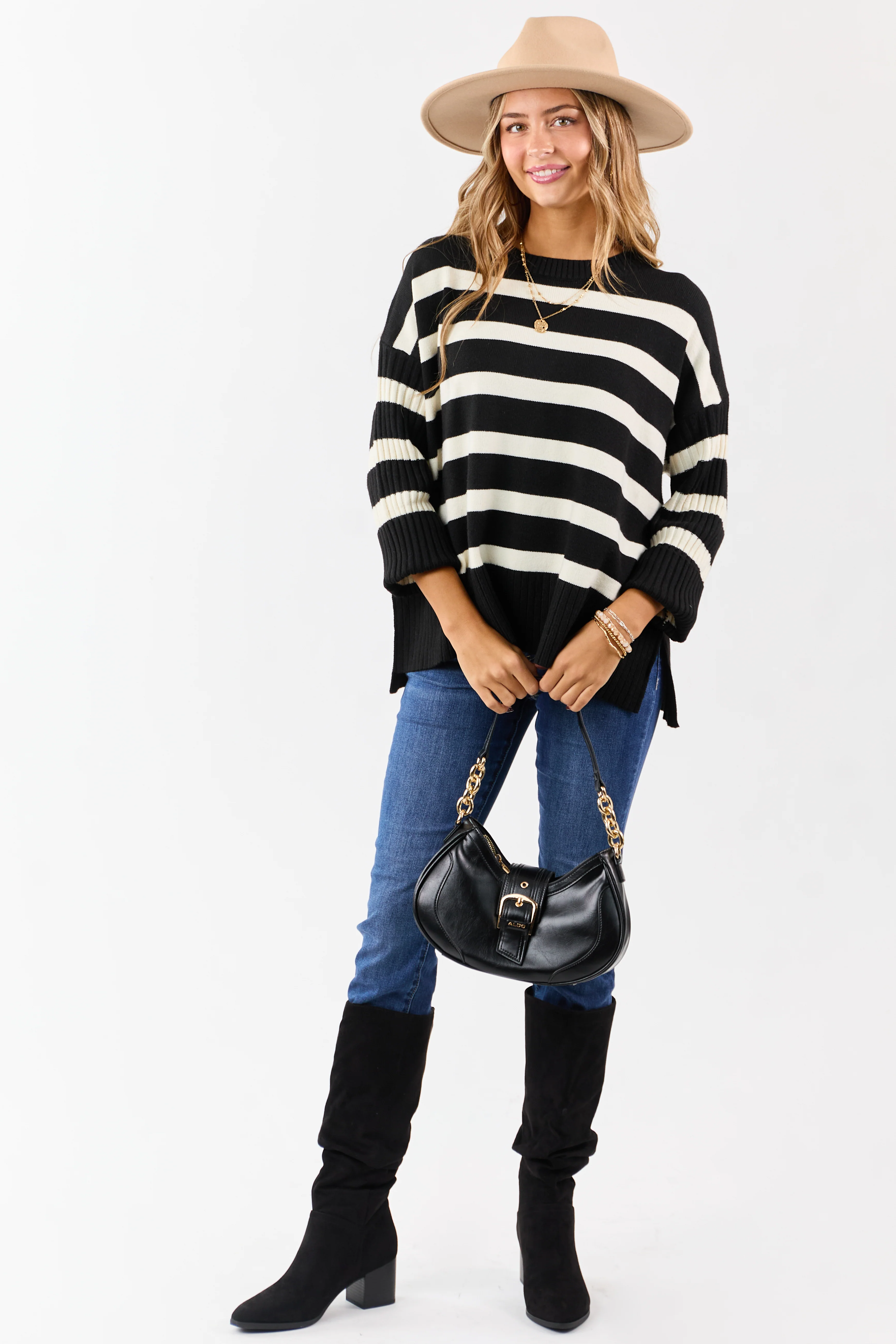Black and Ivory Striped Ribbed Sleeve Sweater - Image 3