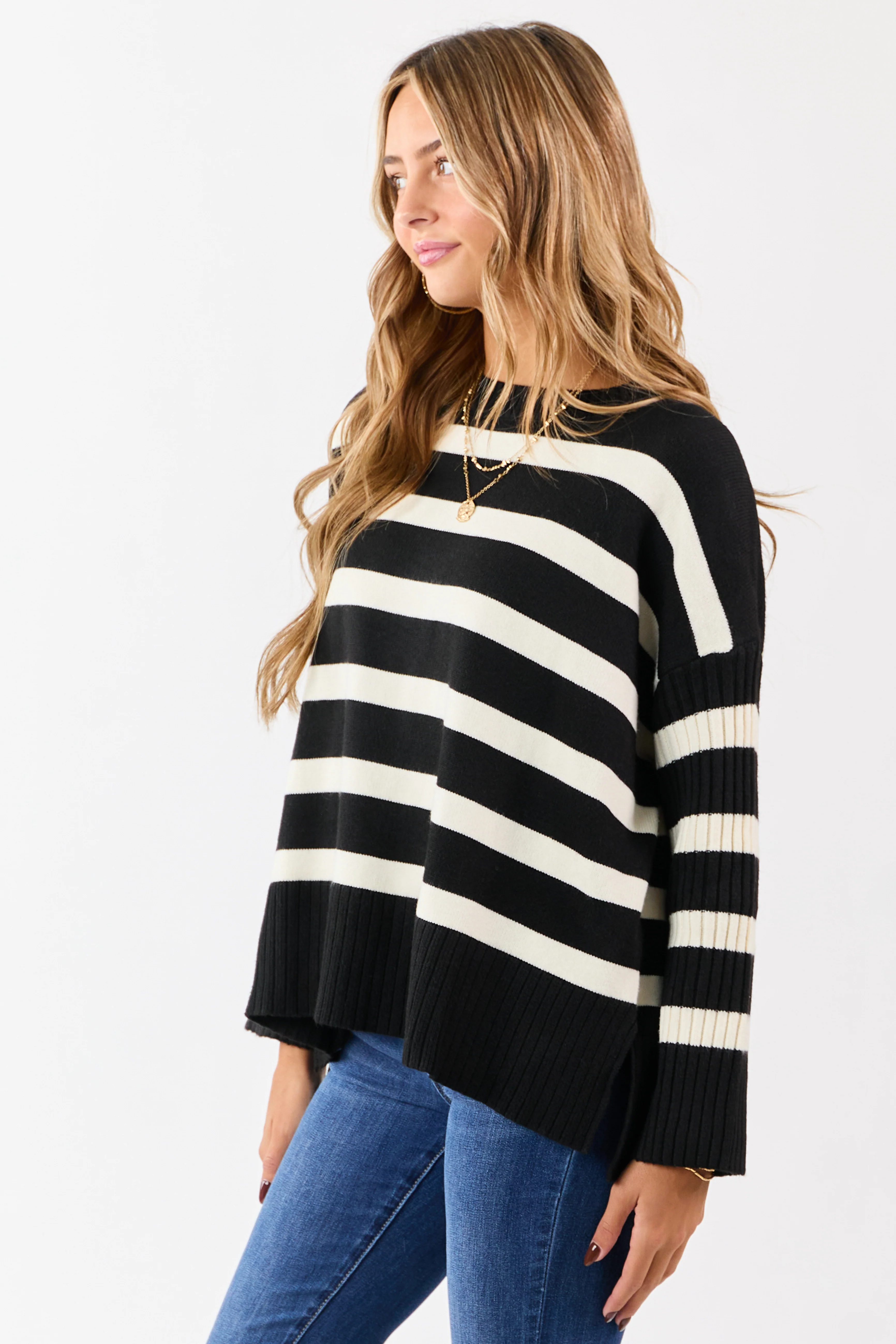 Black and Ivory Striped Ribbed Sleeve Sweater - Image 4