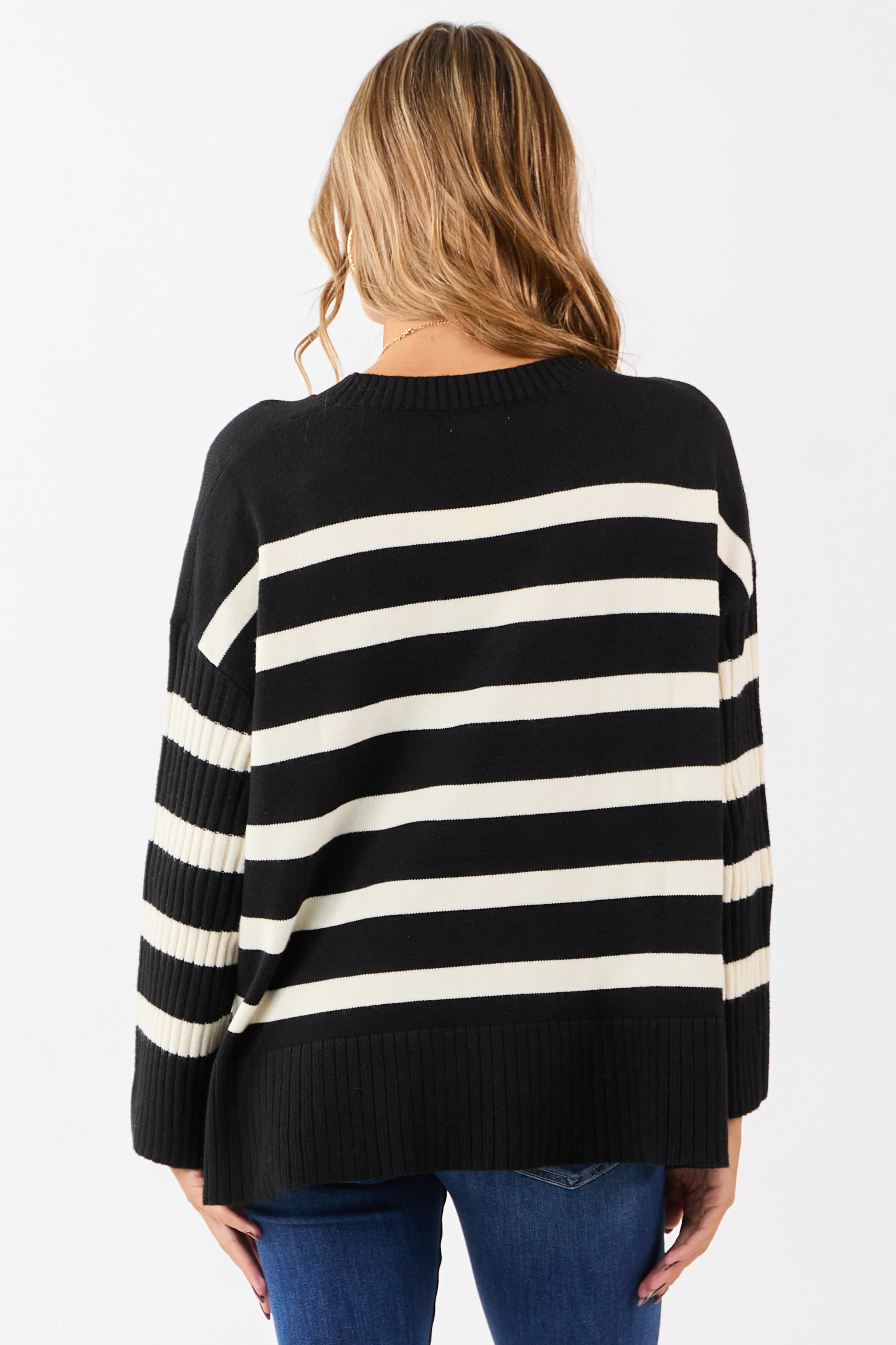 Black and Ivory Striped Ribbed Sleeve Sweater - Image 5