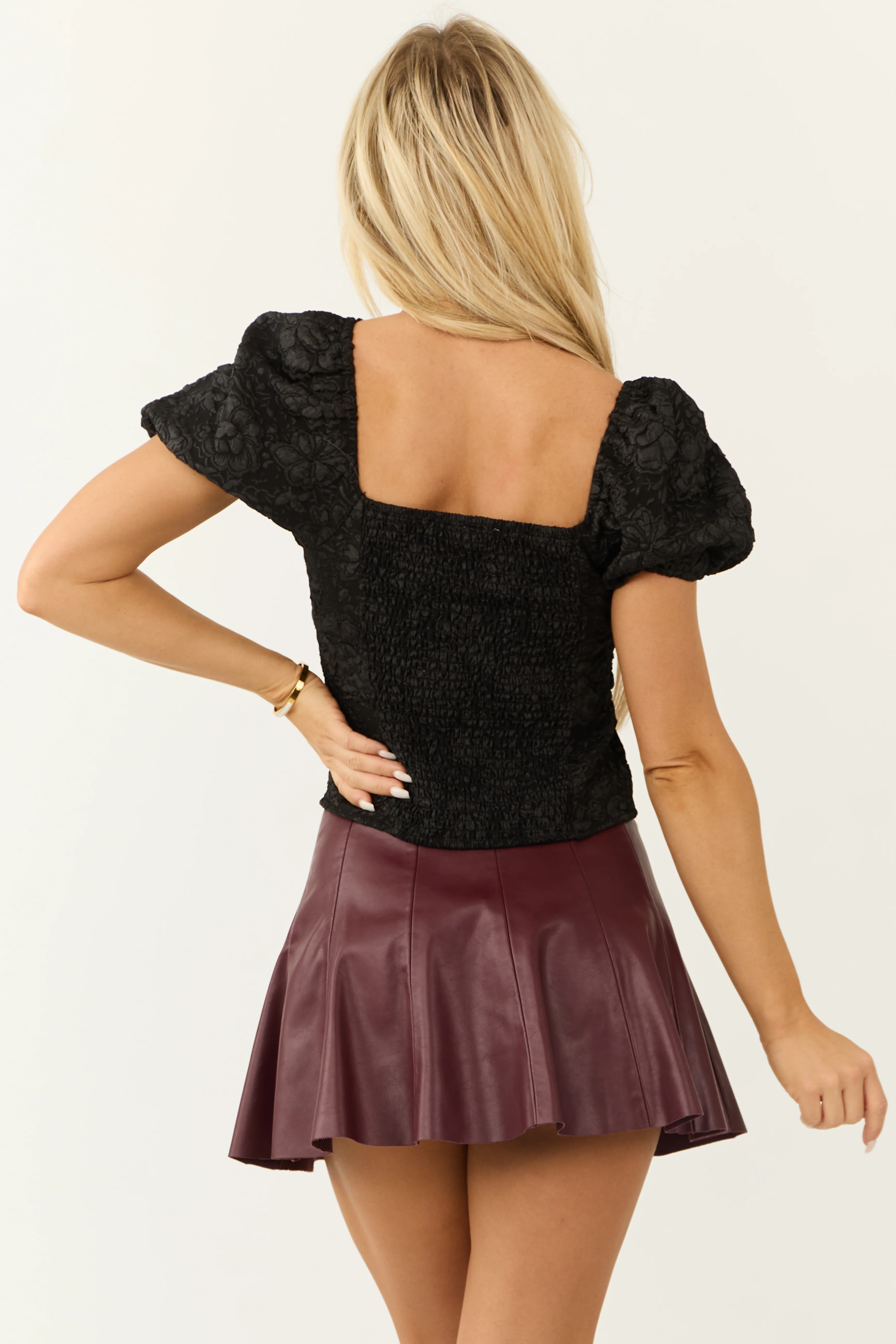 Black Jacquard Puff Sleeve Square Neck Cropped Top - Image 5