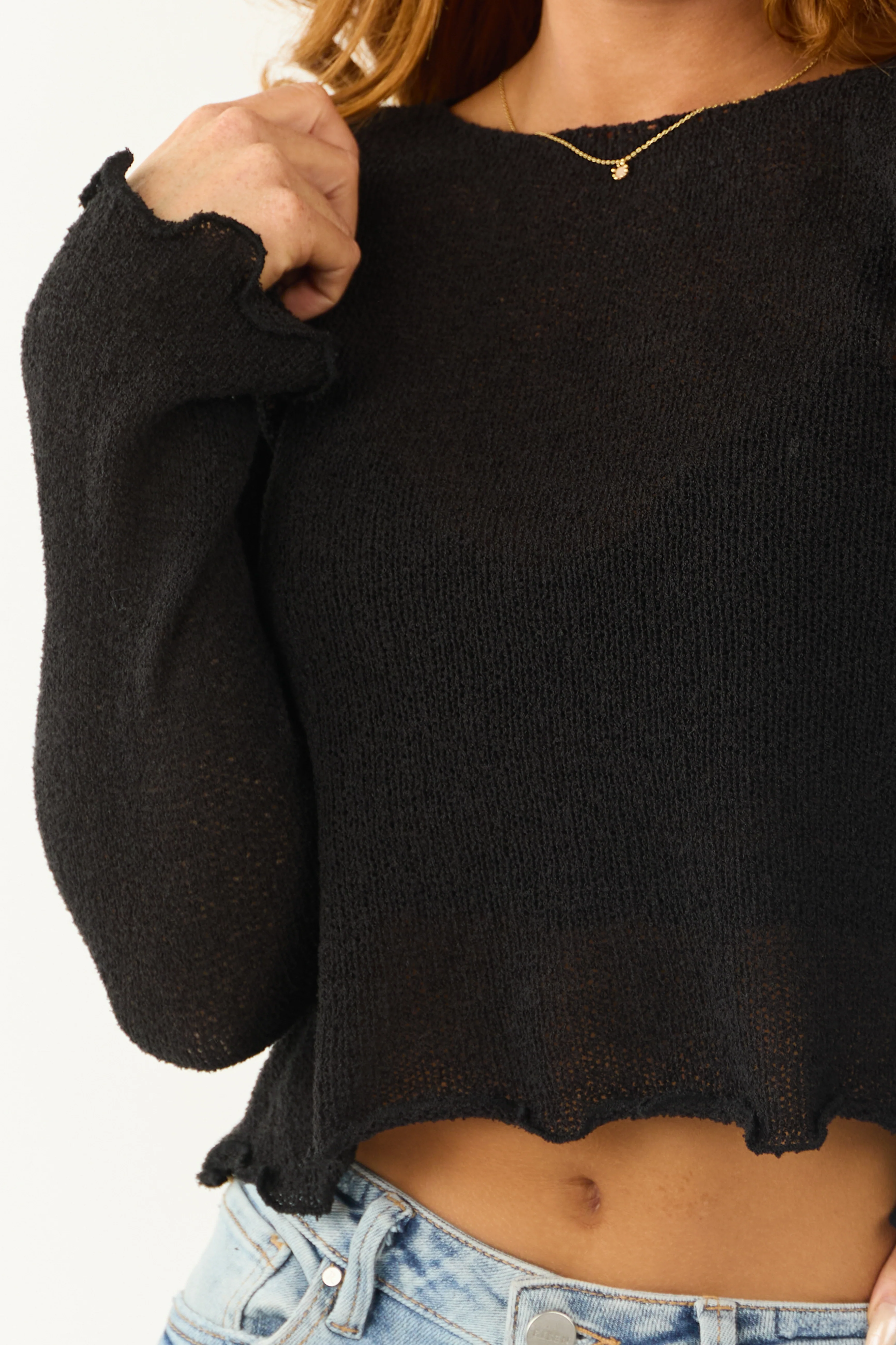 Black Knit Sheer Long Flare Sleeve Top - Image 6