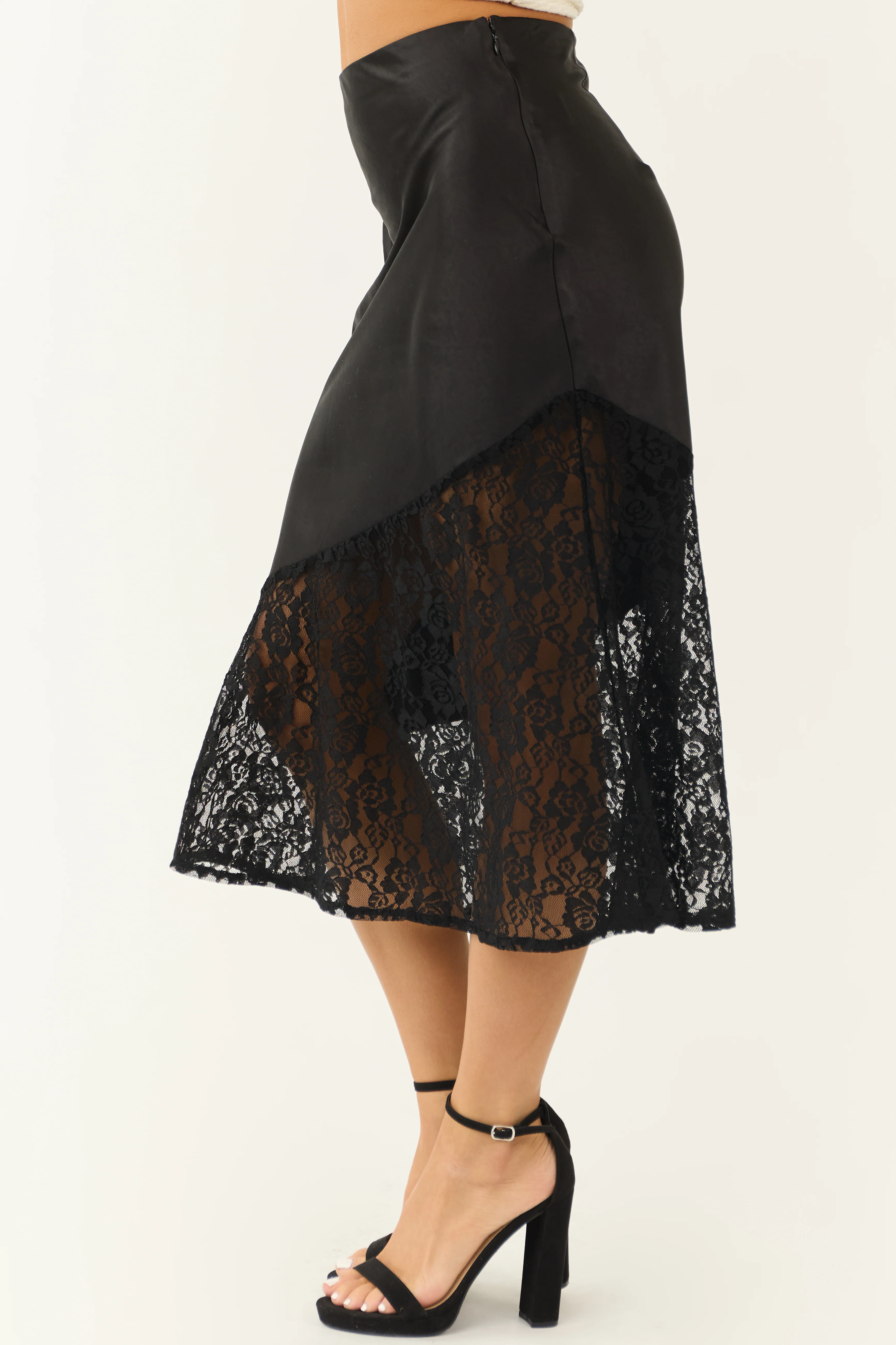 Black Lace Bottom Asymmetrical Midi Skirt - Image 3