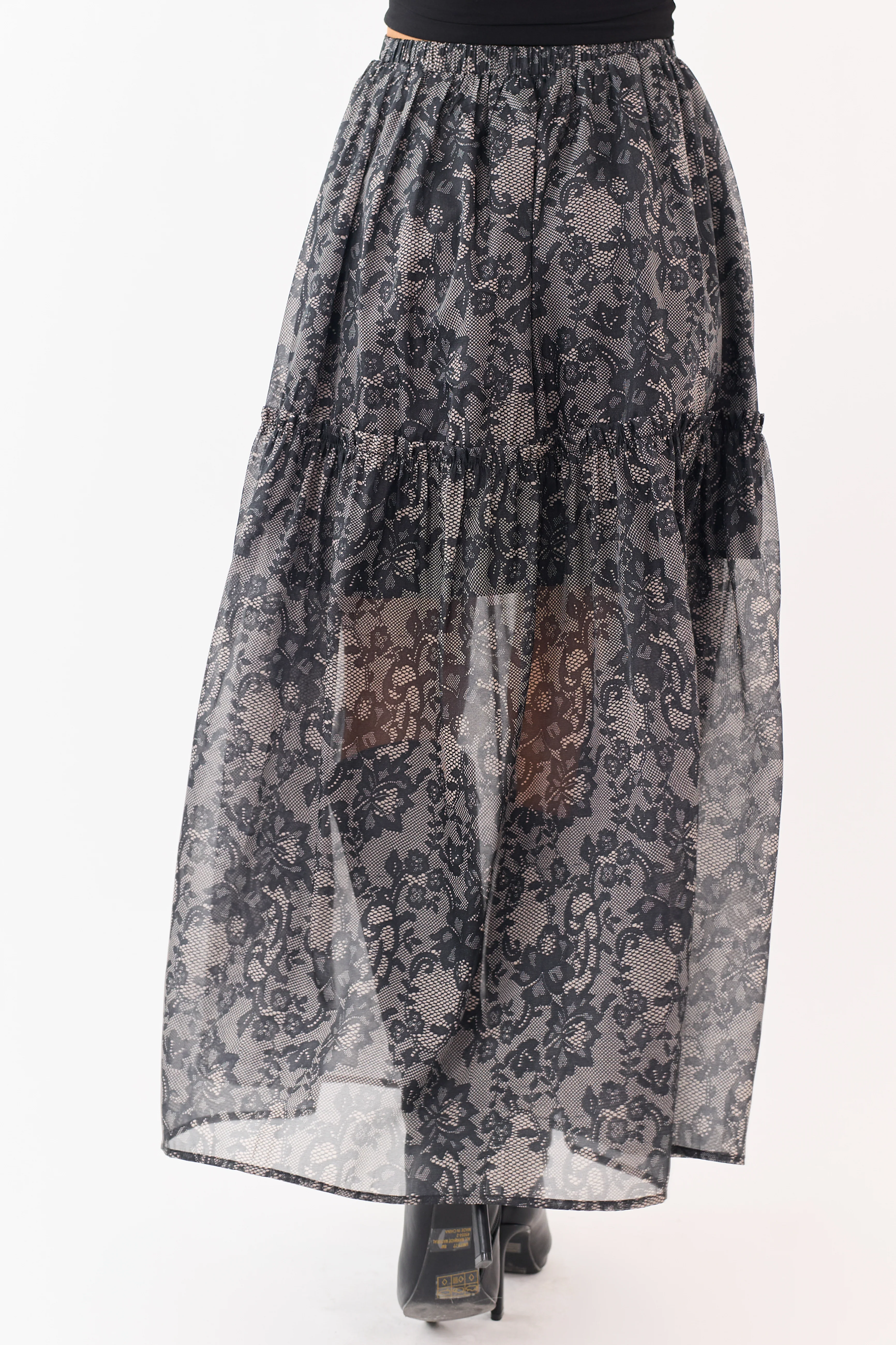 Black Lace Print Organza Tiered Frill Midi Skirt - Image 4