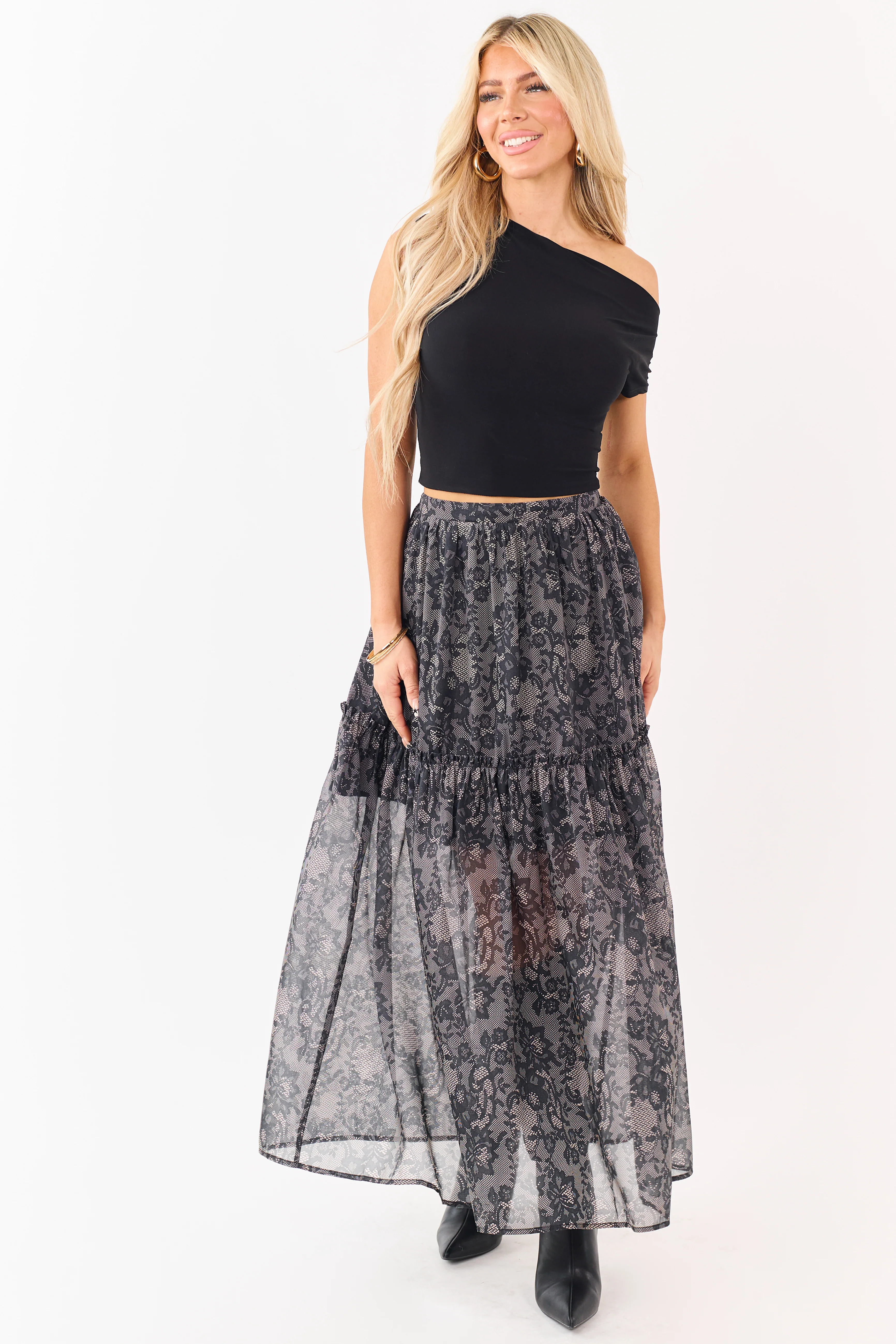 Black Lace Print Organza Tiered Frill Midi Skirt - Image 6