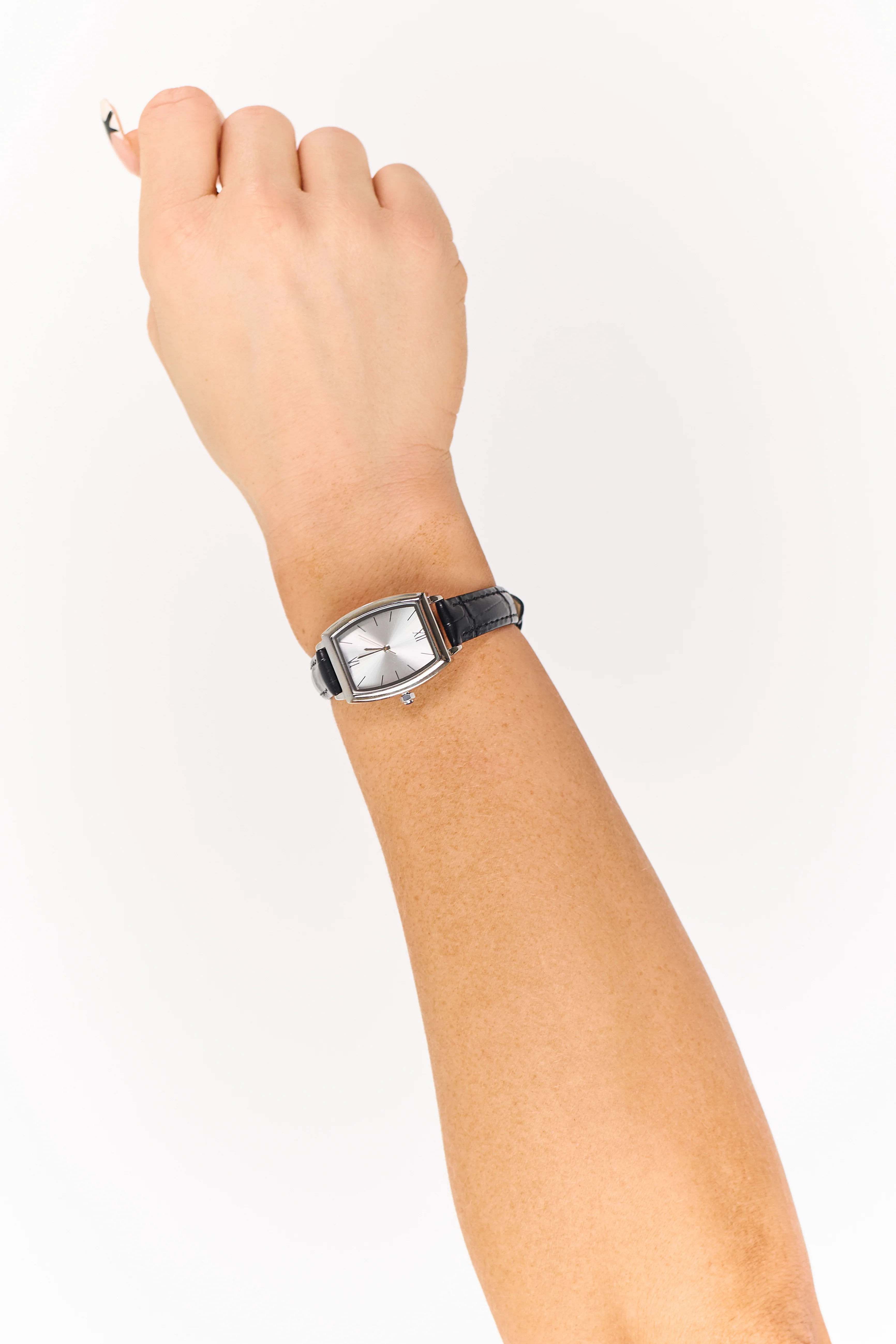 Black Leather Thin Strap Rectangle Face Watch - Image 2