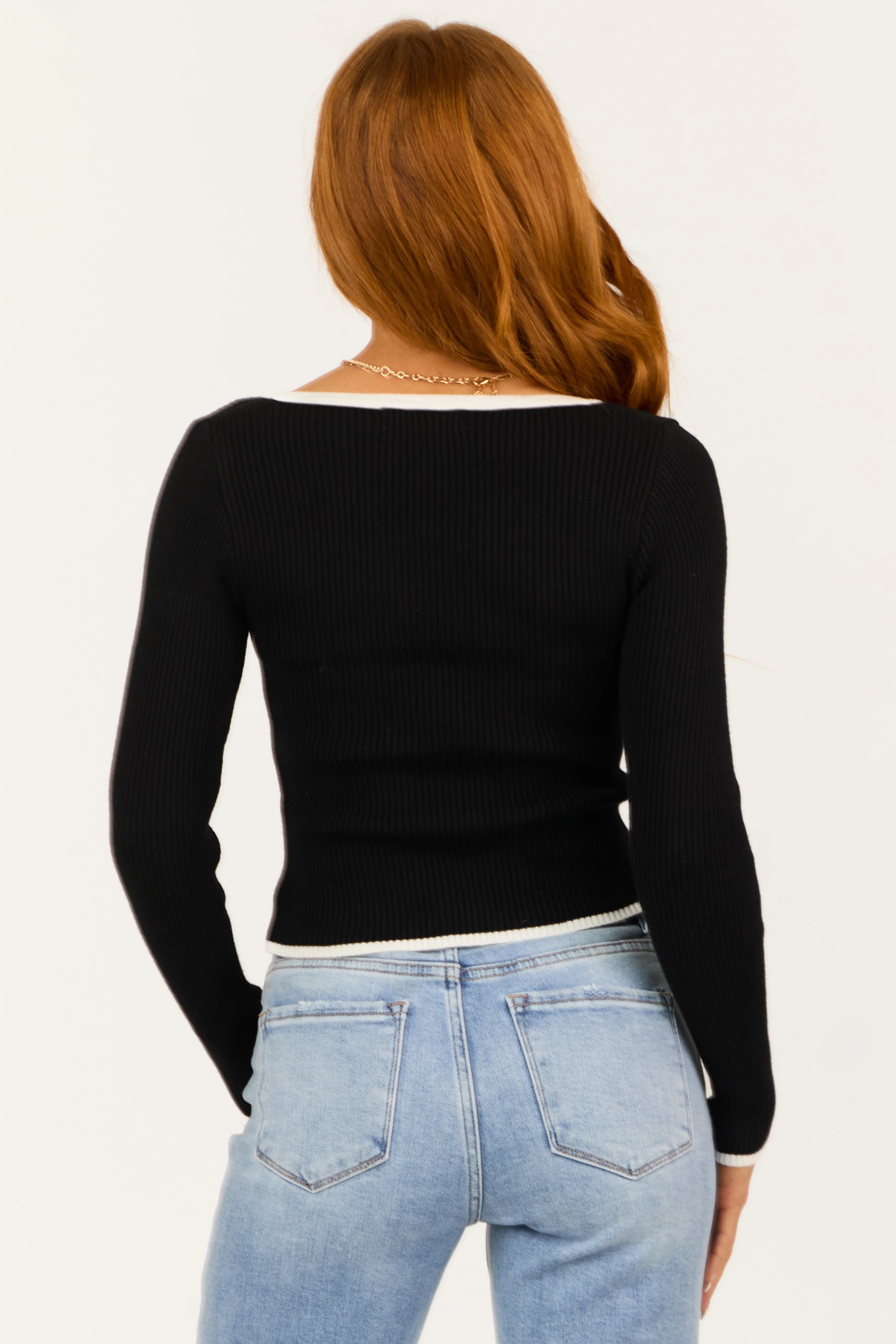 Black Long Sleeve Contrast Trim Ribbed Sweater - Image 5