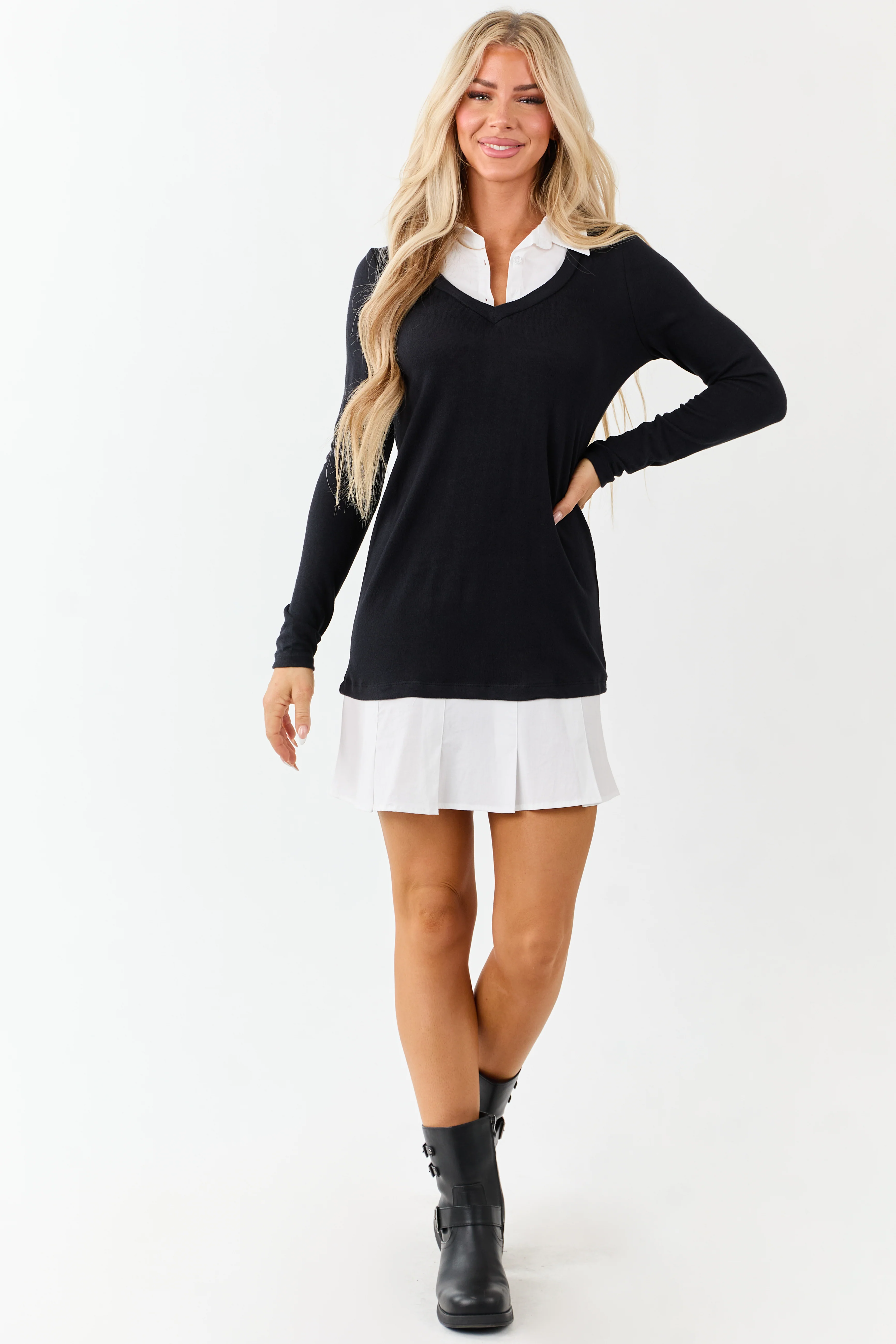 Black Long Sleeve Knit Contrast Layer Short Dress - Image 2