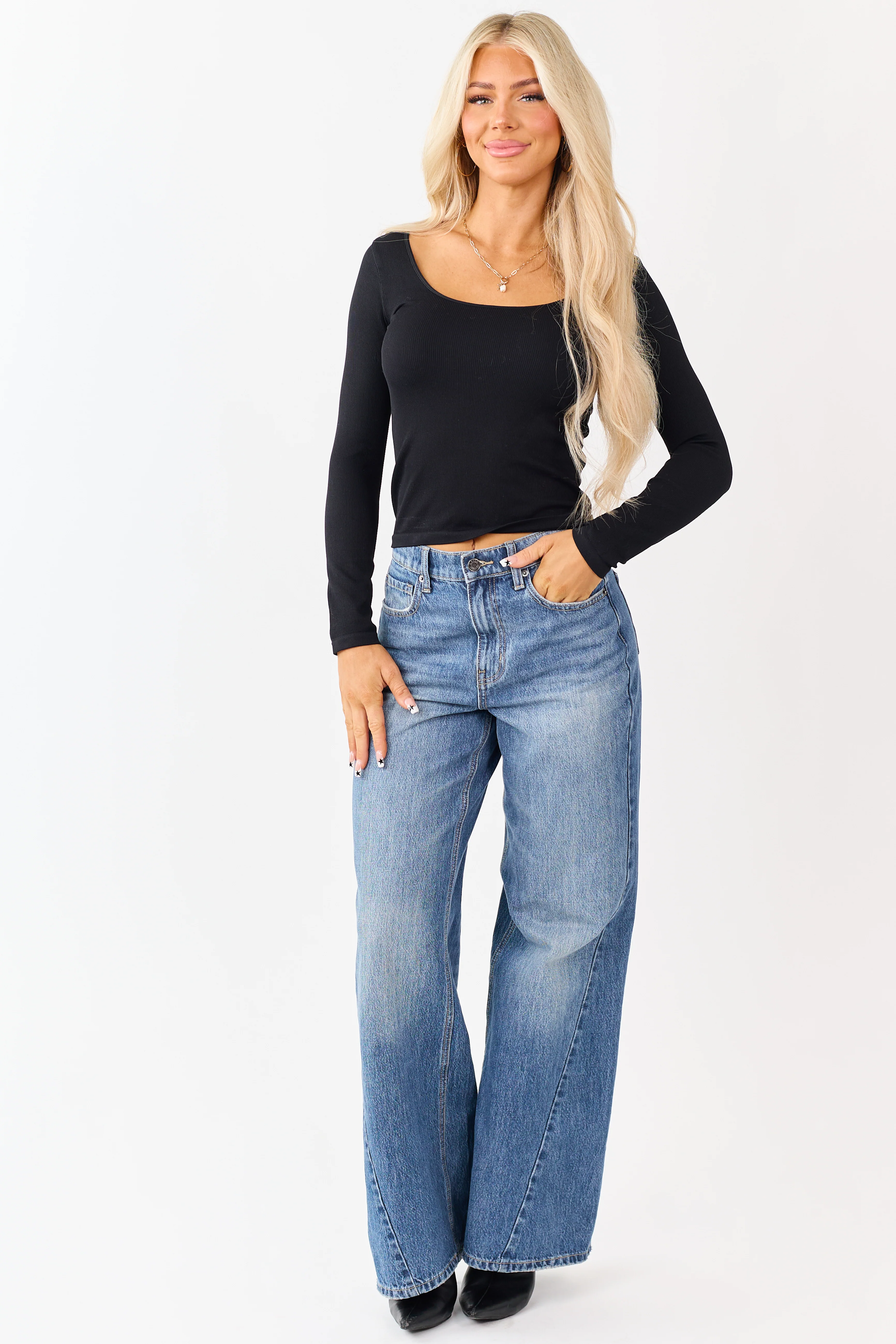 Black Long Sleeve Scoop Neck Ribbed Top - Image 2