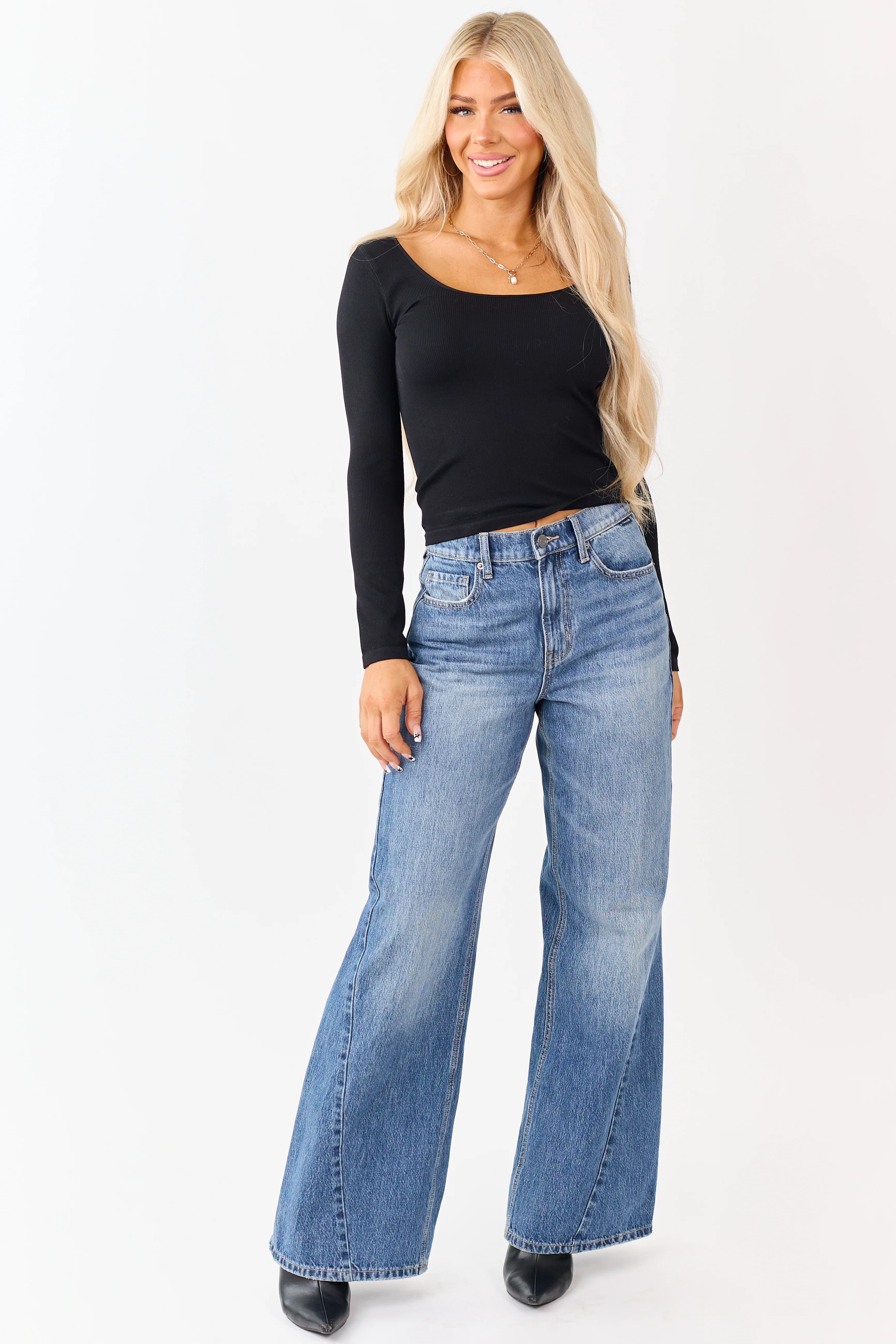 Black Long Sleeve Scoop Neck Ribbed Top - Image 3
