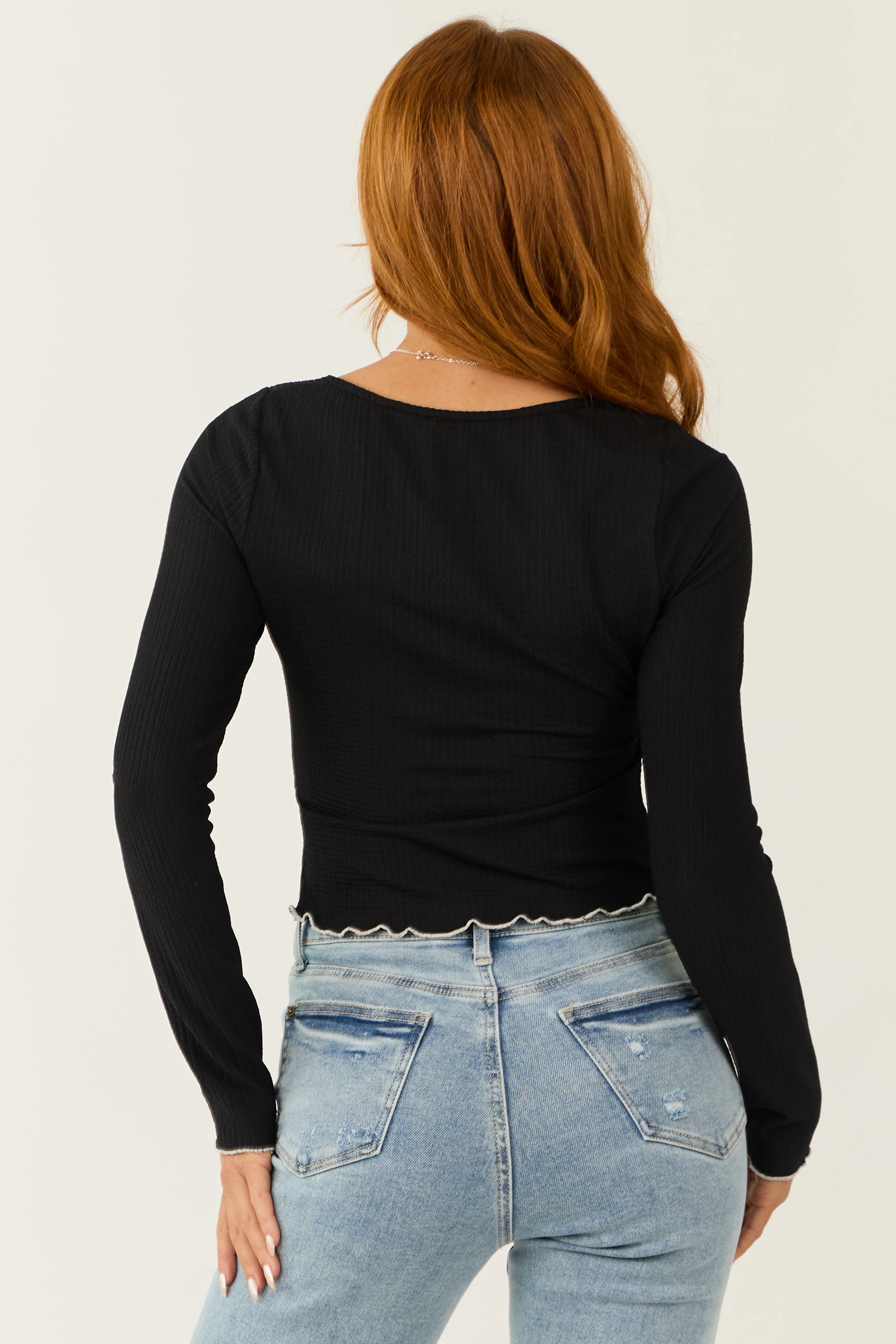 Black Long Sleeve Textured Wavy Knit Top - Image 5