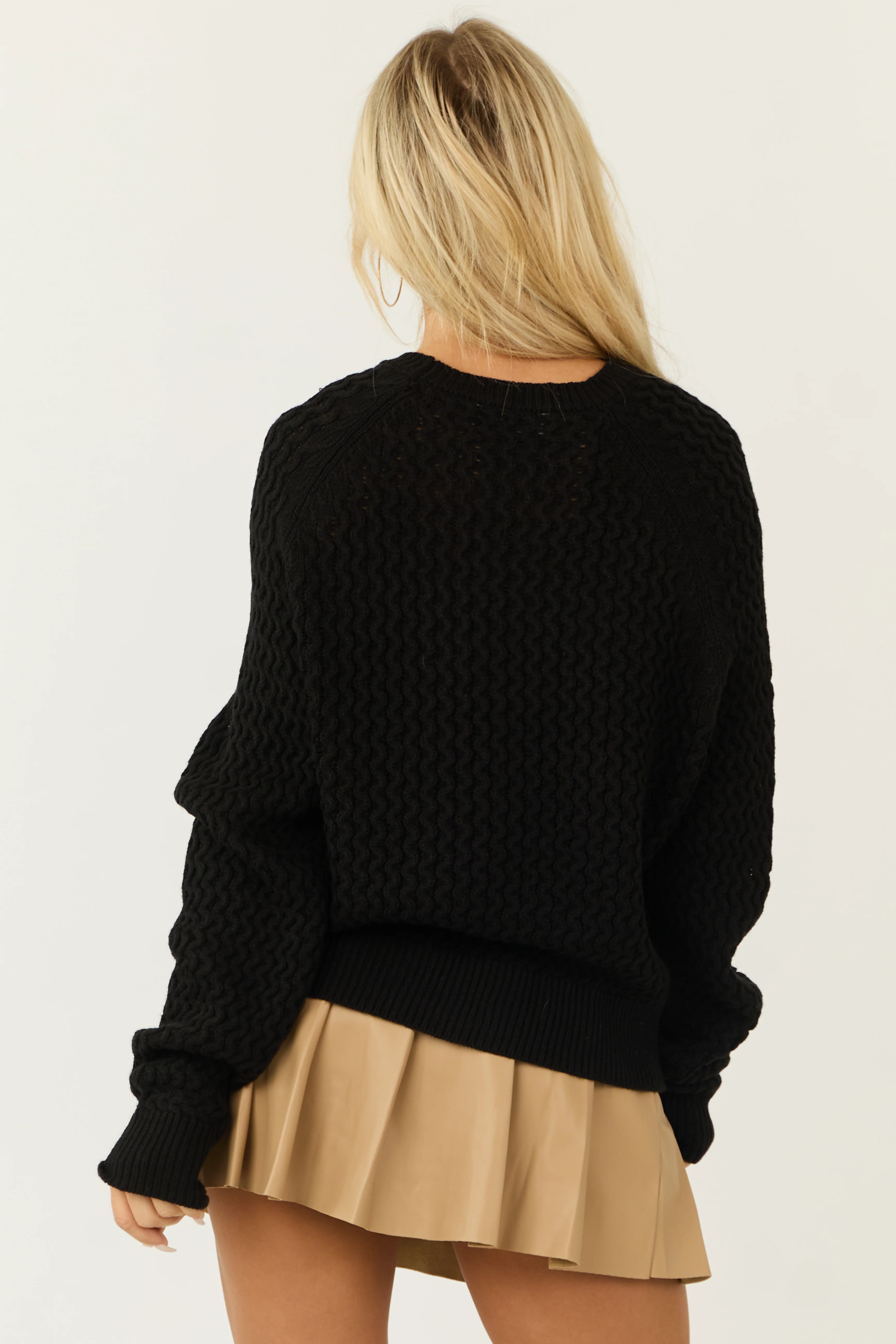 Black Long Sleeve Zig Zag Knit Crew Neck Sweater - Image 6